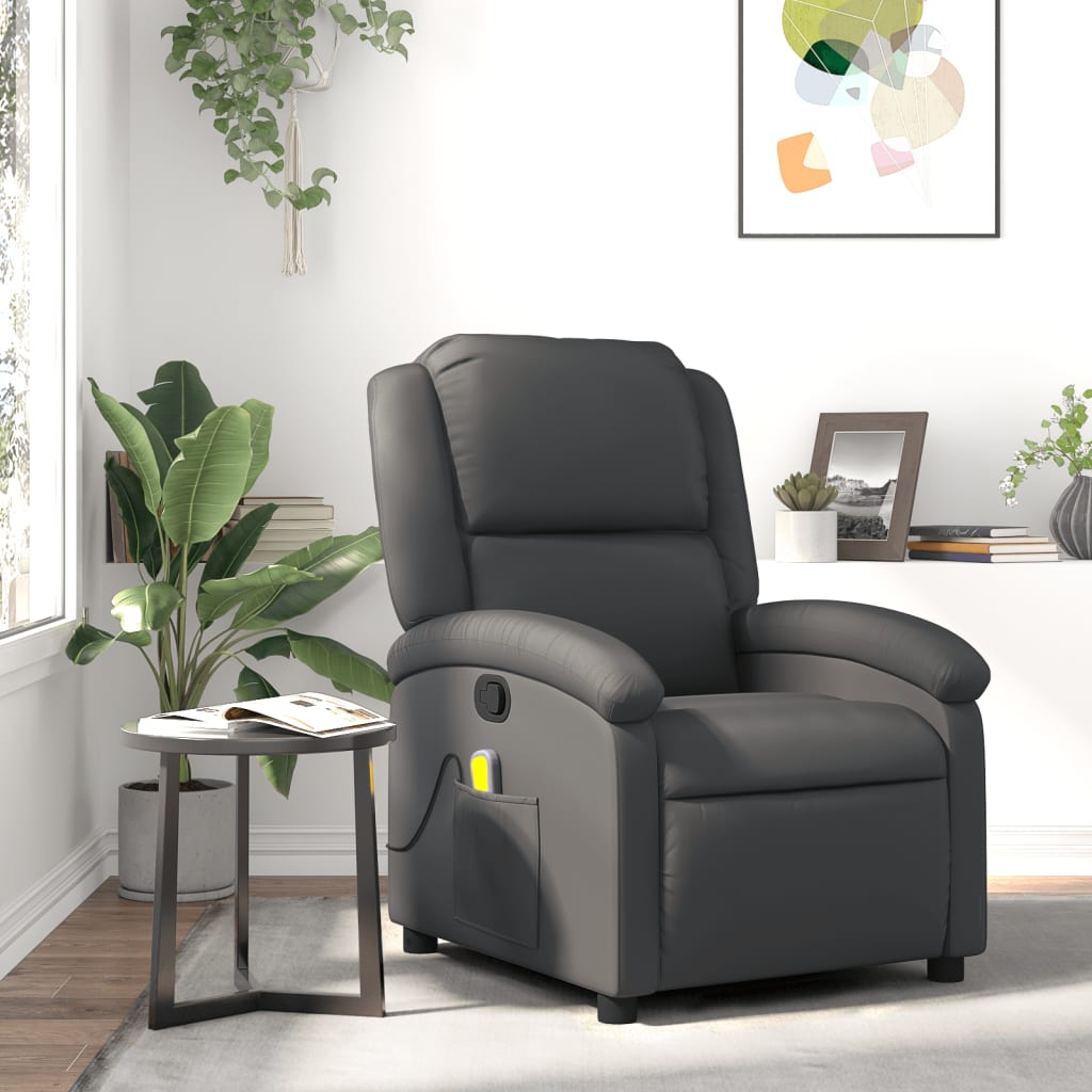 vidaXL Sillón reclinable de masaje de cuero auténtico gris