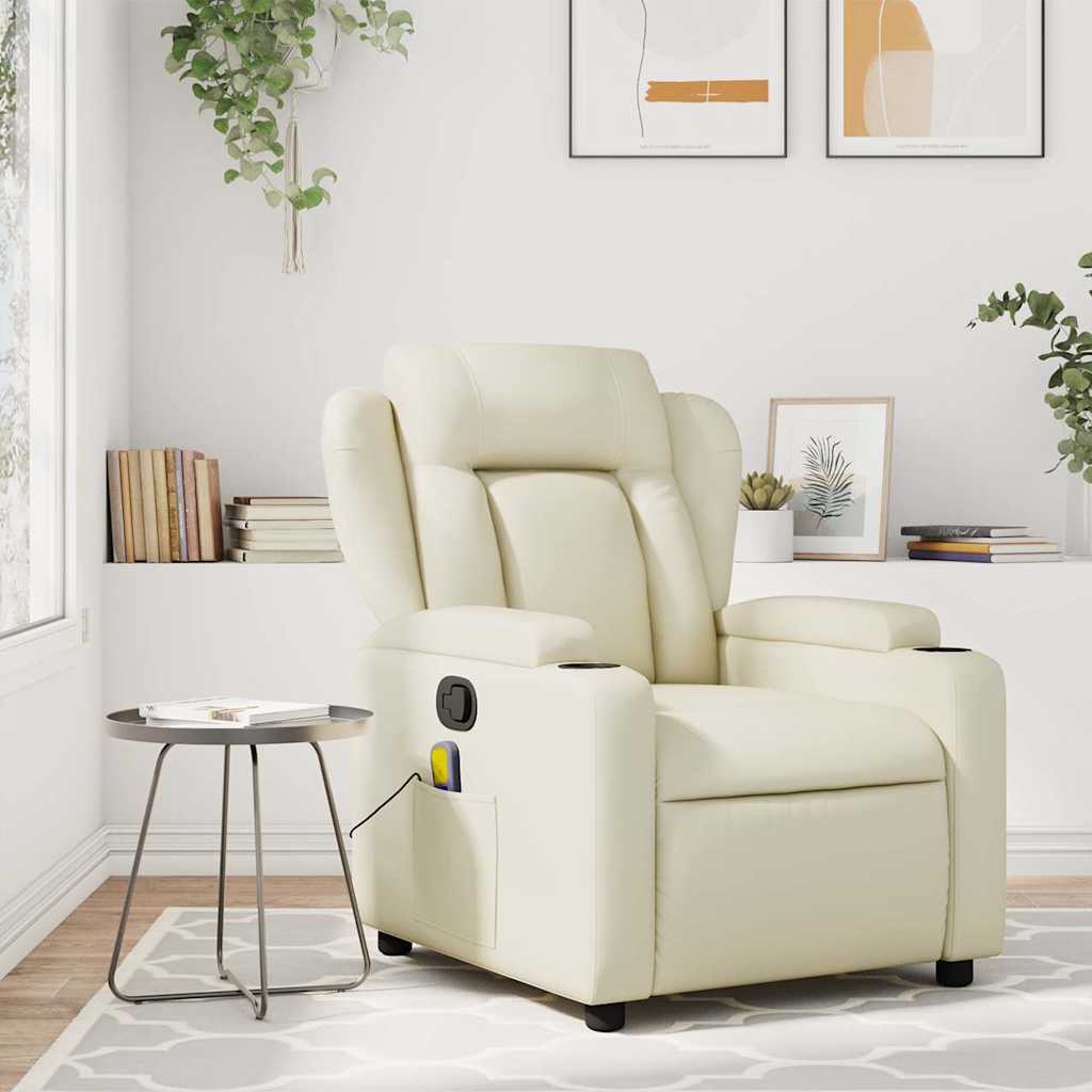vidaXL Sillón reclinable de masaje de piel sintética color crema