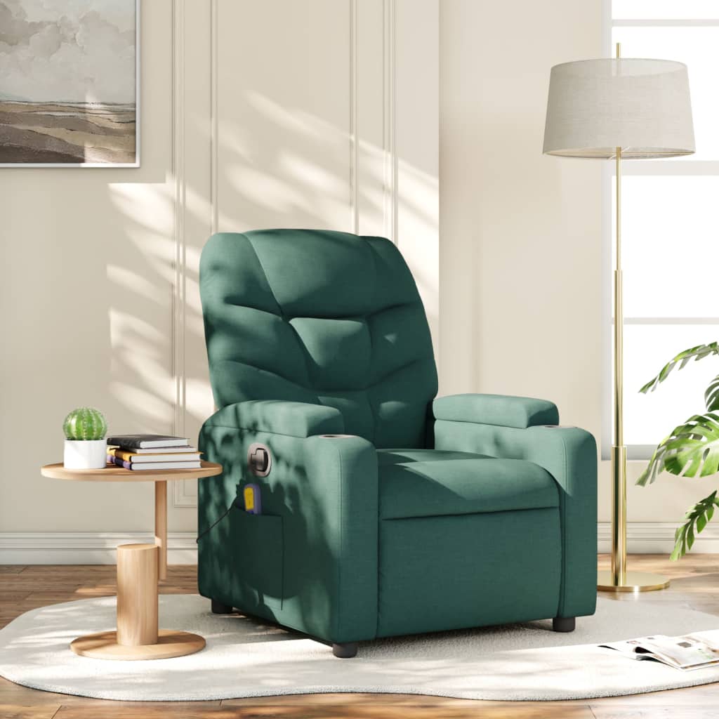 vidaXL Sillón reclinable de masaje con tela verde oscuro