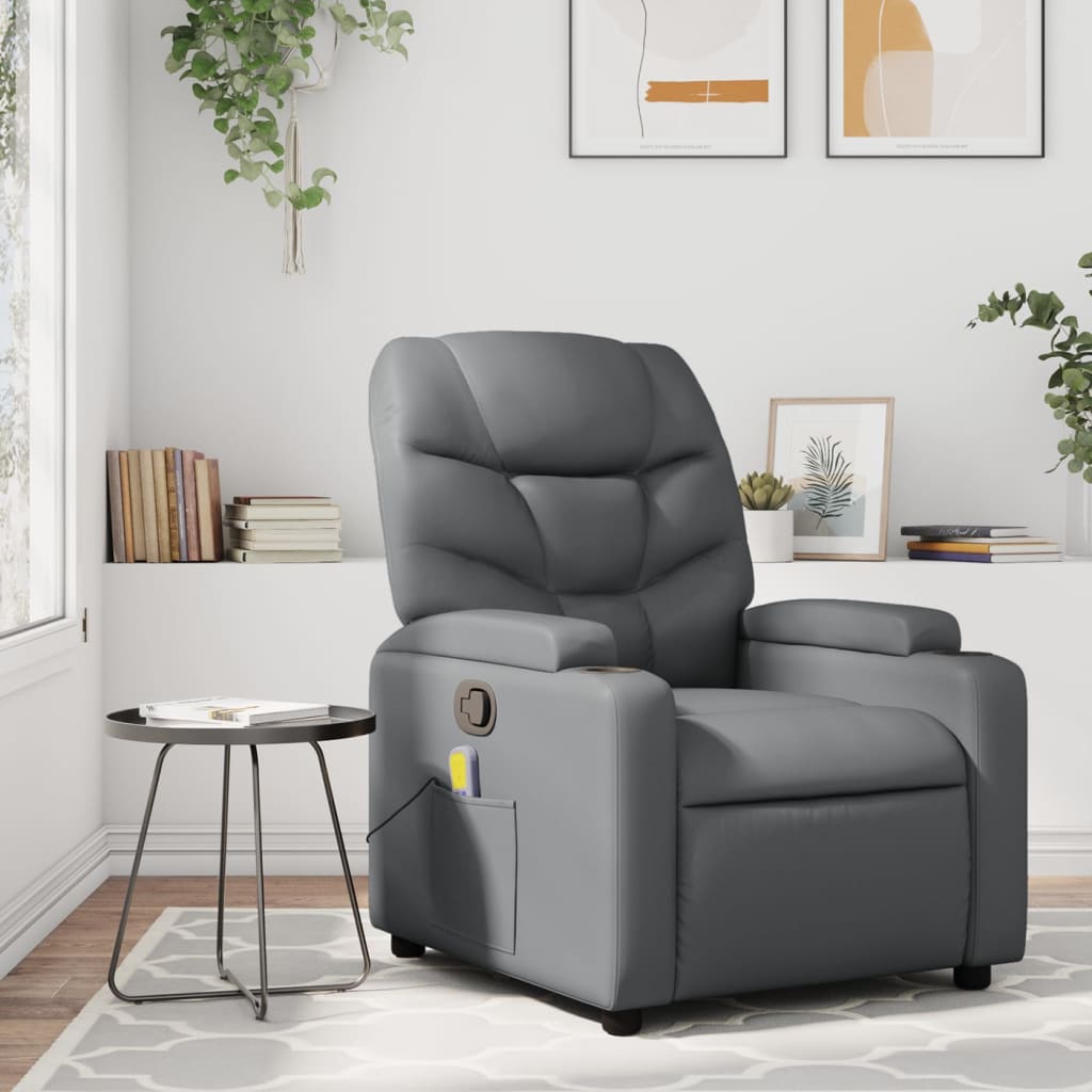 vidaXL Sillón reclinable de masaje en piel sintética gris
