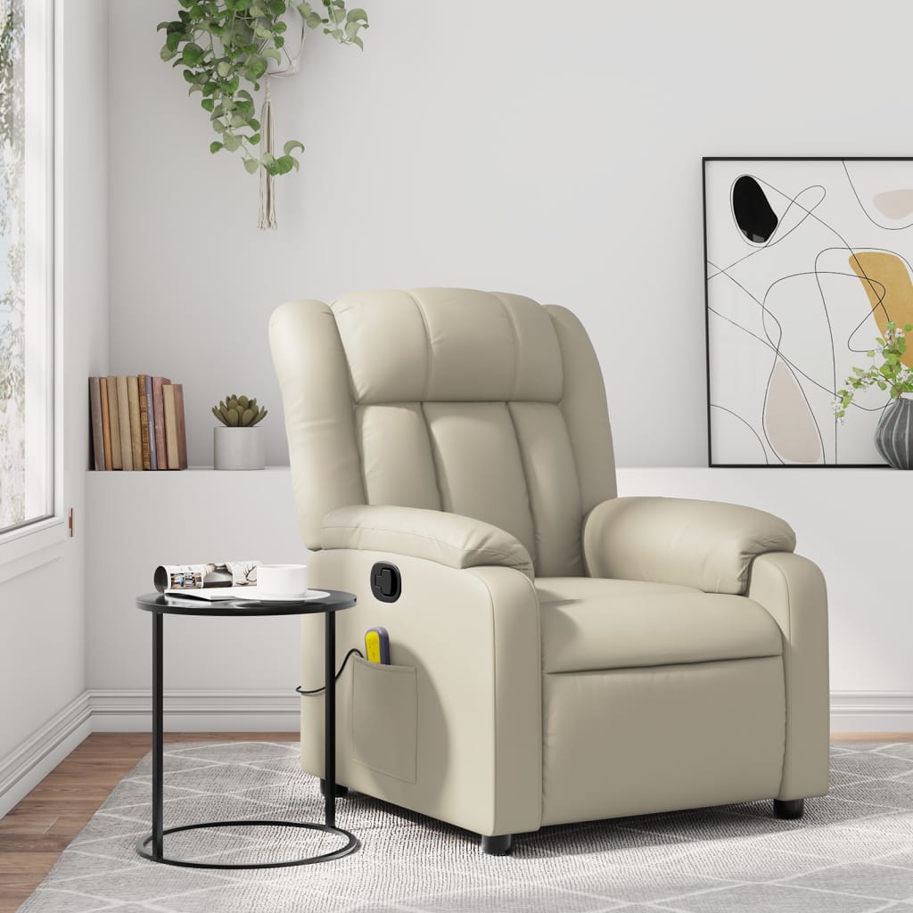 vidaXL Sillón reclinable de masaje de piel sintética color crema