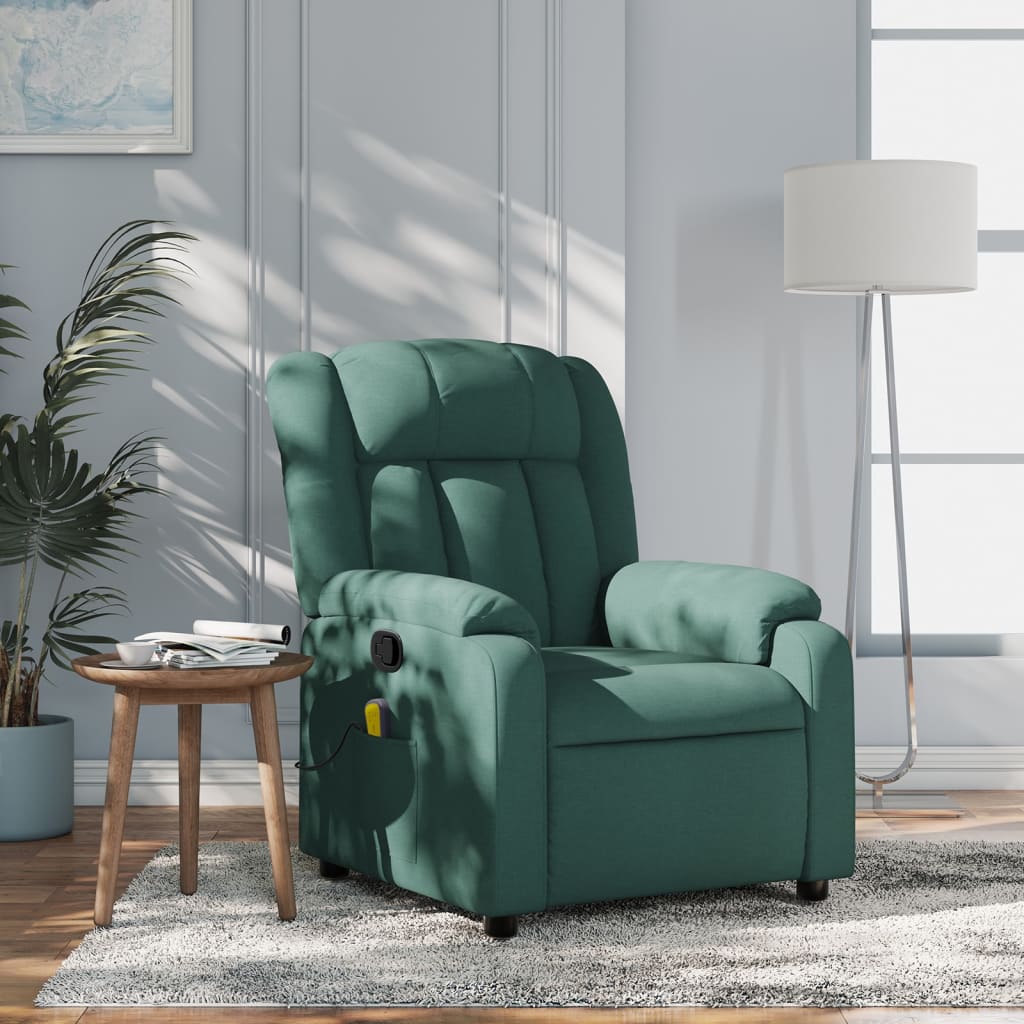 vidaXL Sillón reclinable de masaje con tela verde oscuro