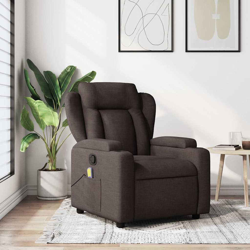 vidaXL Sillón de masaje reclinable de tela marrón oscuro