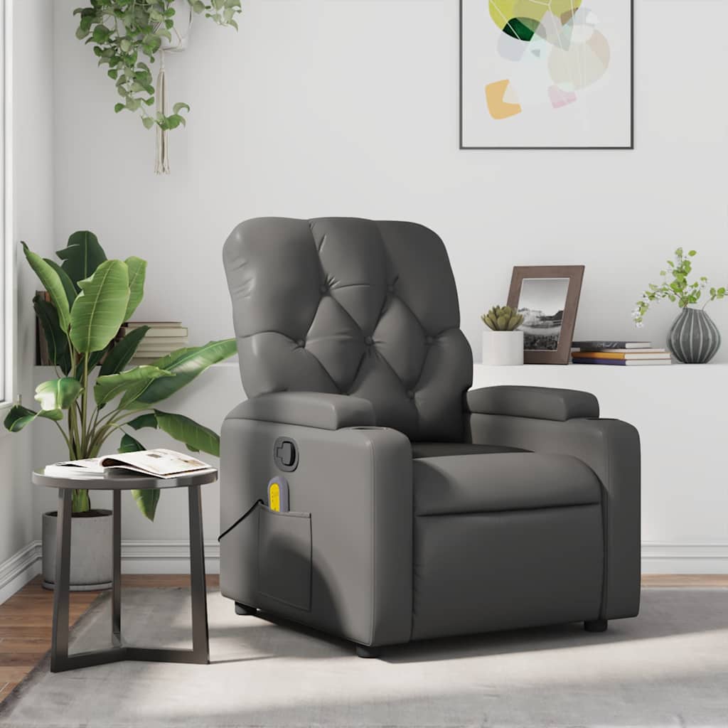 vidaXL Sillón de masaje reclinable cuero sintético gris