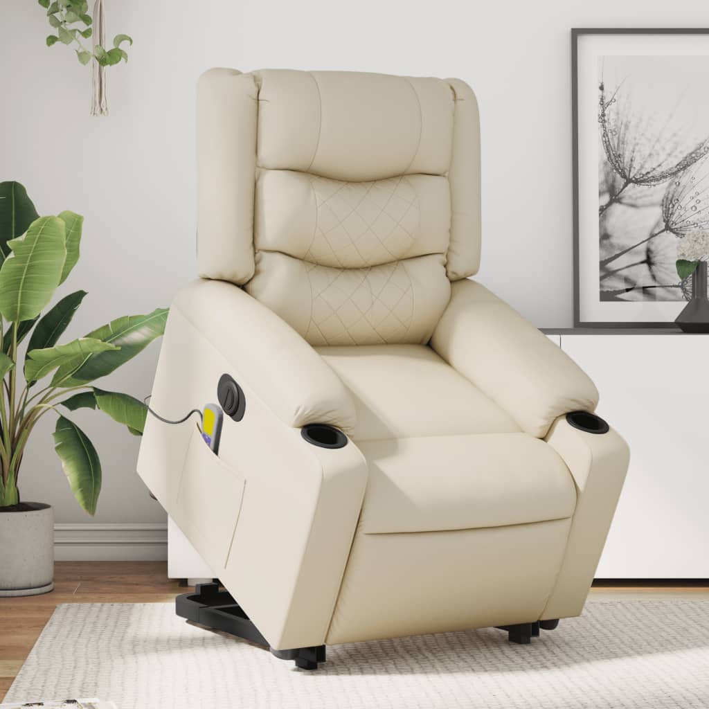 vidaXL Sillón de masaje elevable eléctrico cuero sintético crema