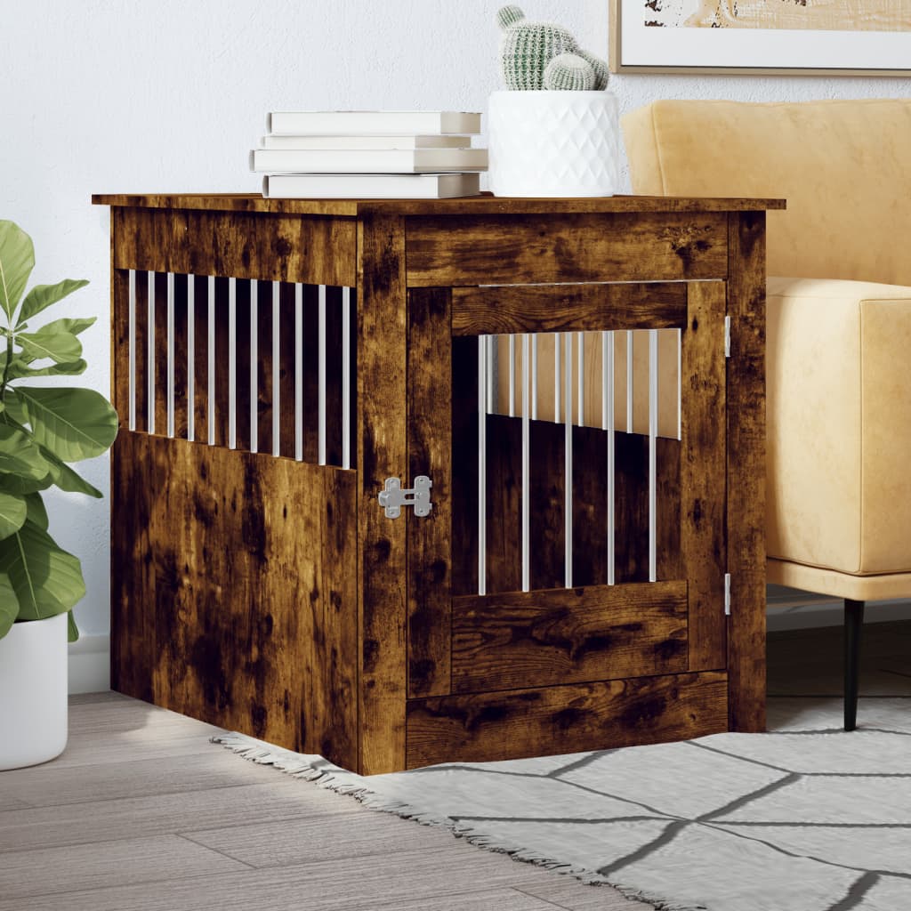 vidaXL Jaula para perros madera ingeniería roble ahumado 64,5x80x71 cm