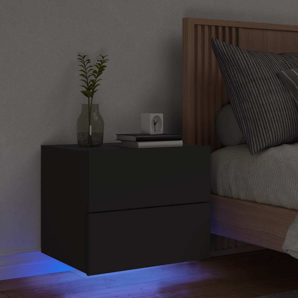 vidaXL Mesita de noche de pared con luces LED negro