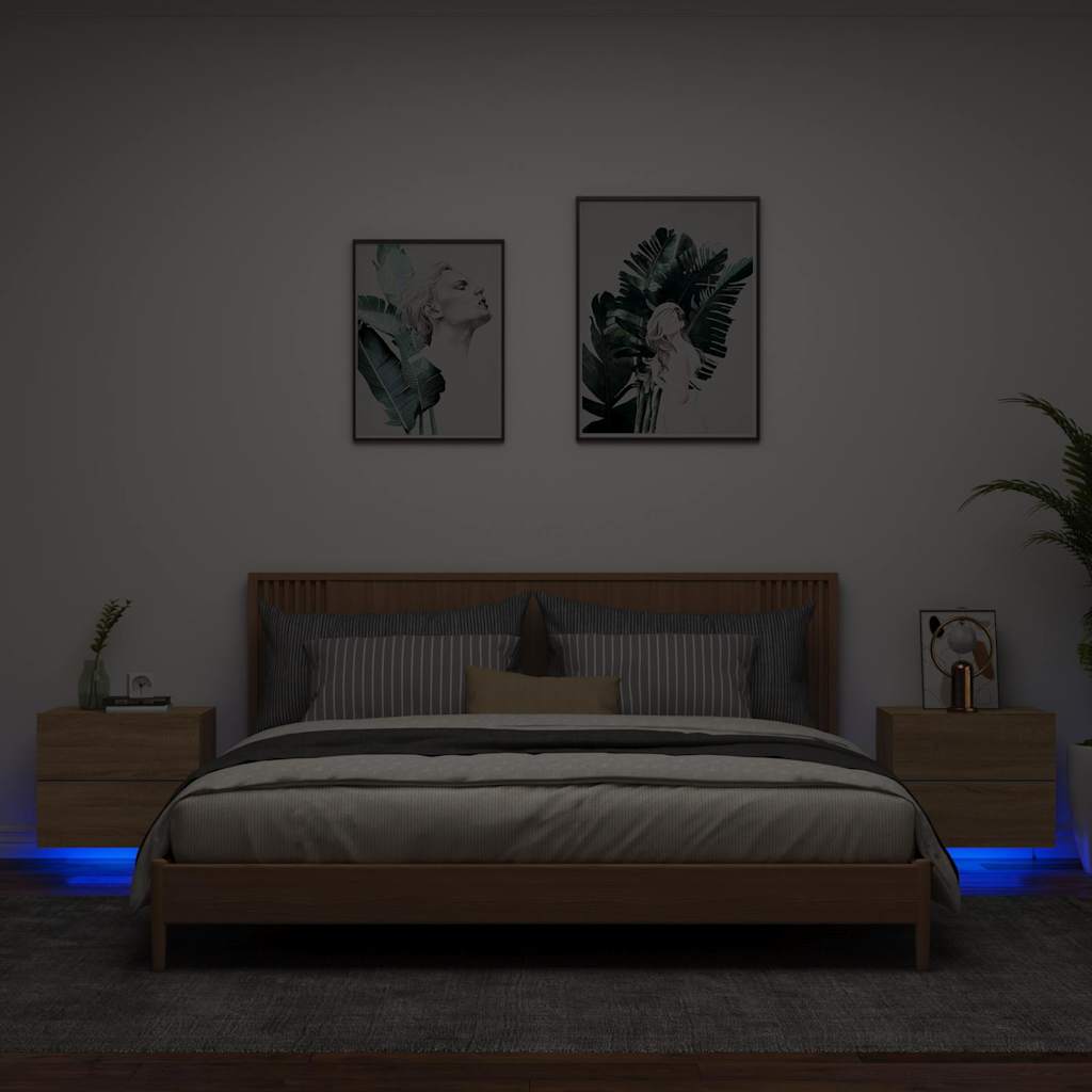 vidaXL Mesitas de noche de pared con luces LED 2 unidades roble Sonoma
