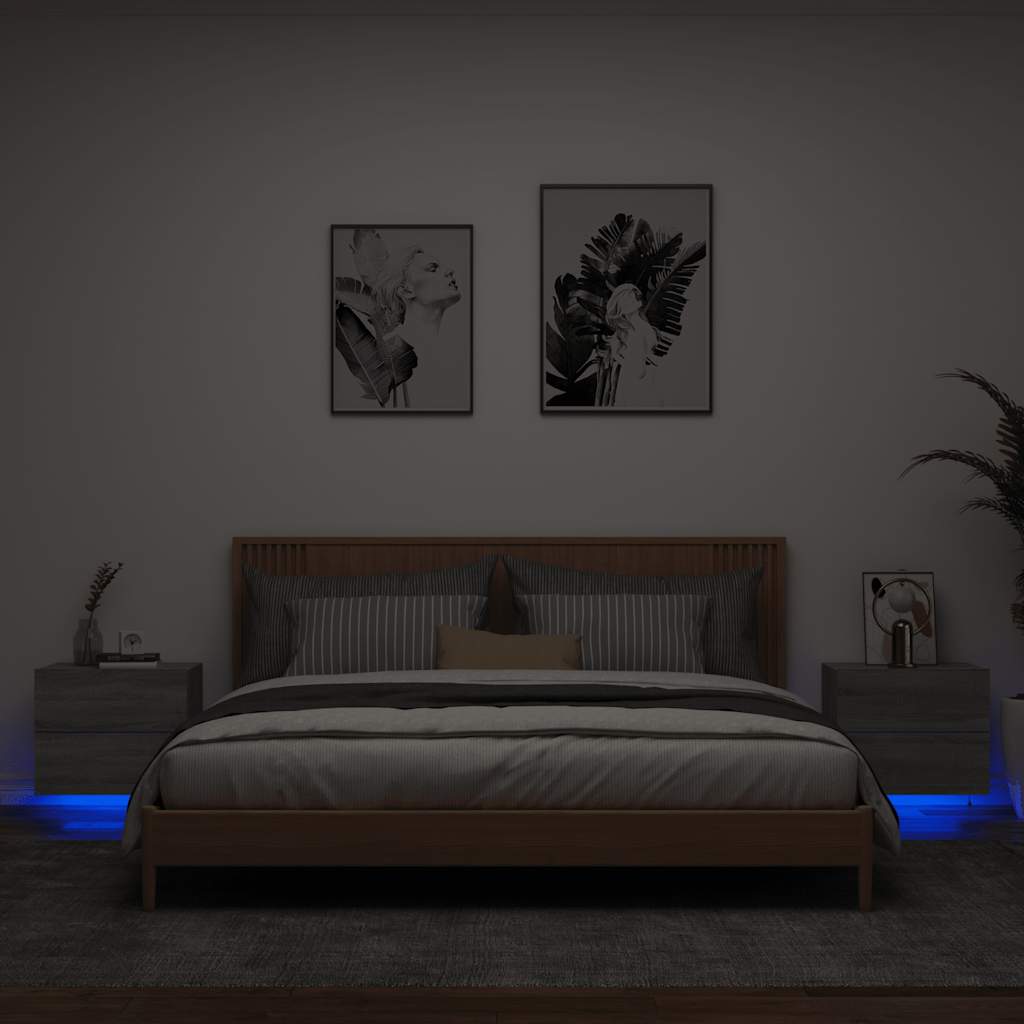 vidaXL Mesitas de noche de pared con luces LED 2 unidades gris Sonoma