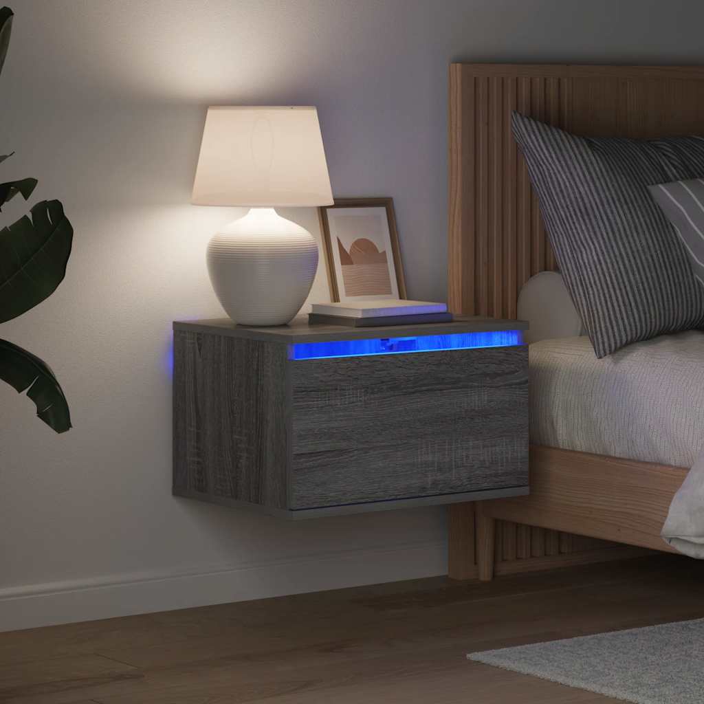 vidaXL Mesita de noche de pared con luces LED gris Sonoma