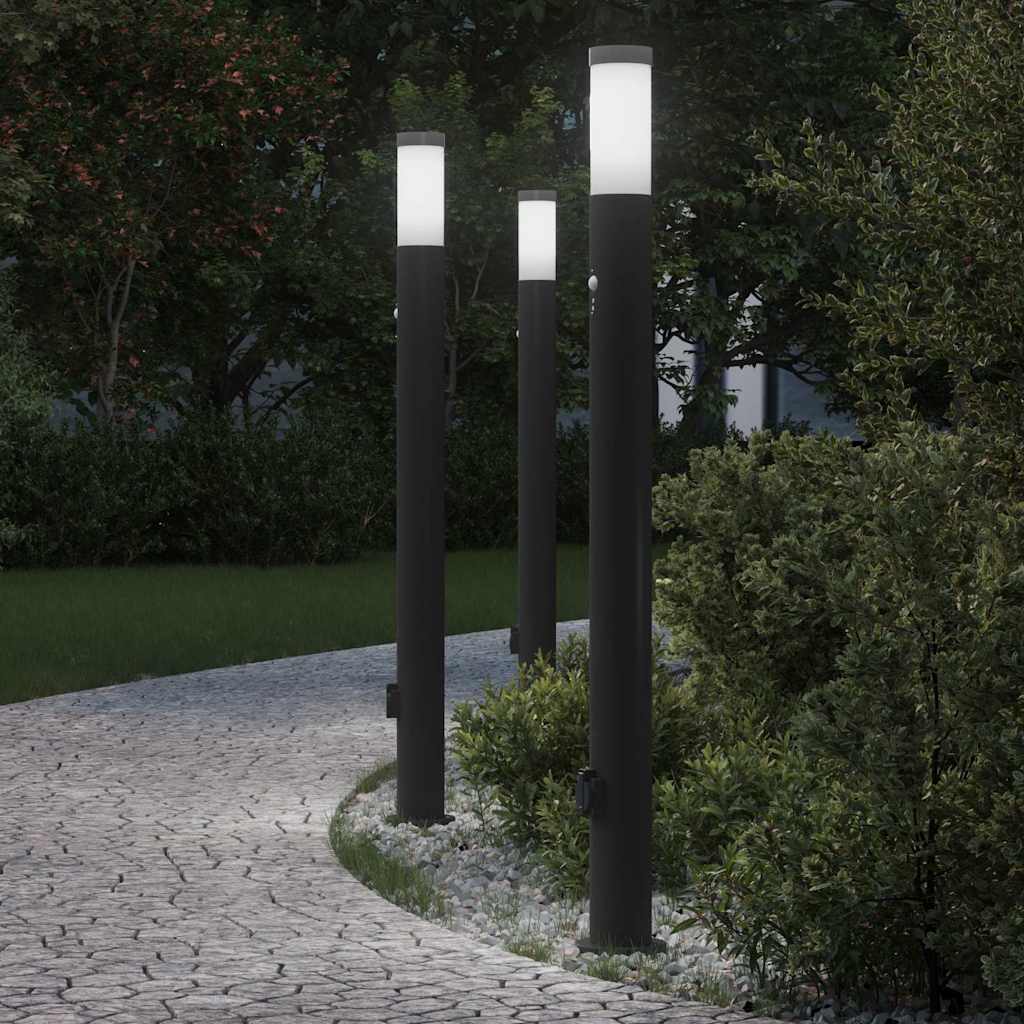 vidaXL Balizas de luz con sensor y tomacorriente, 3 unidades, 110 cm, acero inoxidable, IP44