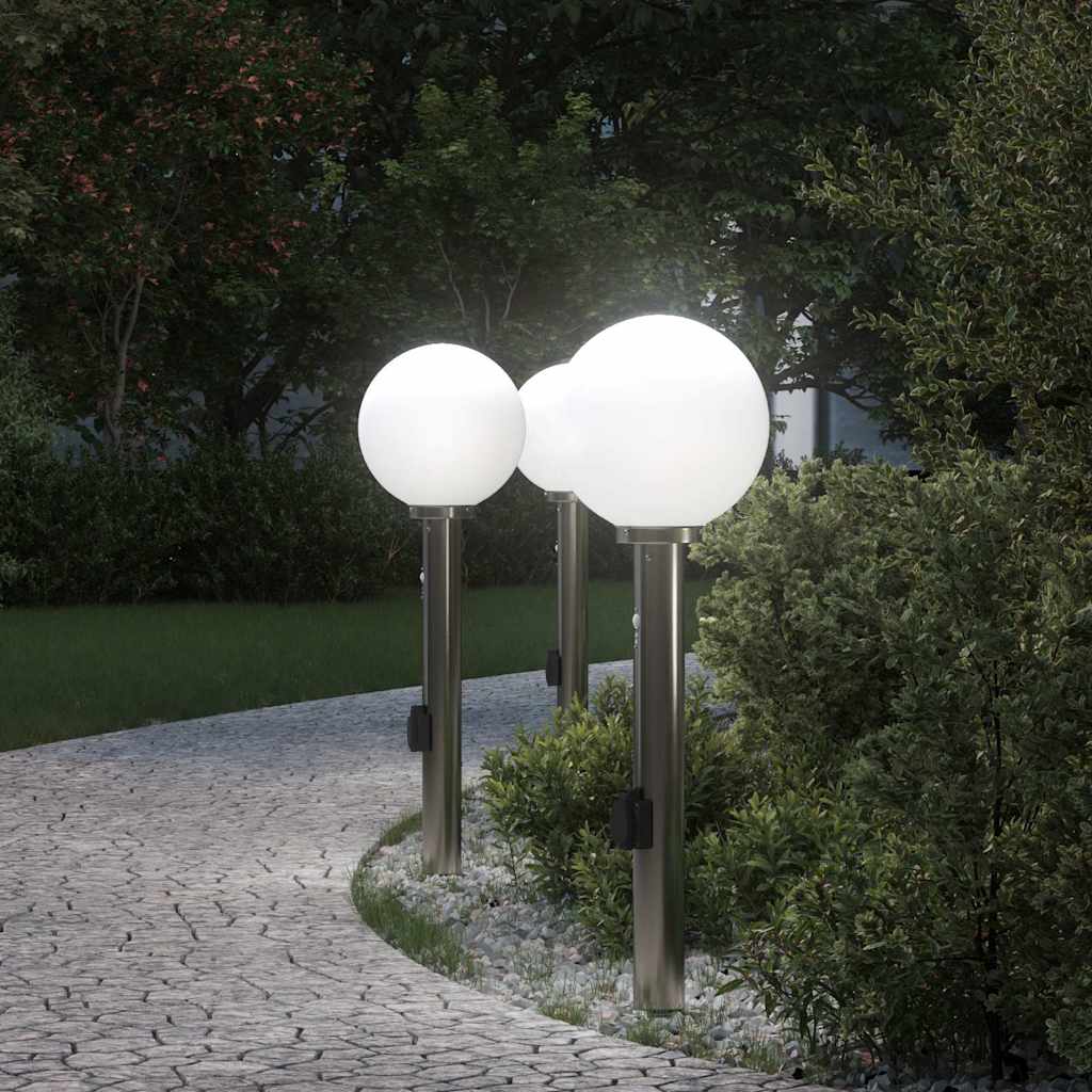 vidaXL Balizas de luz con sensor y tomacorriente, 3 unidades, 80 cm, acero inoxidable, IP44