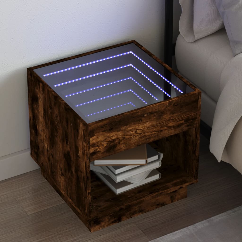vidaXL Mesita de noche con Infinity LED roble ahumado 50x50x50 cm