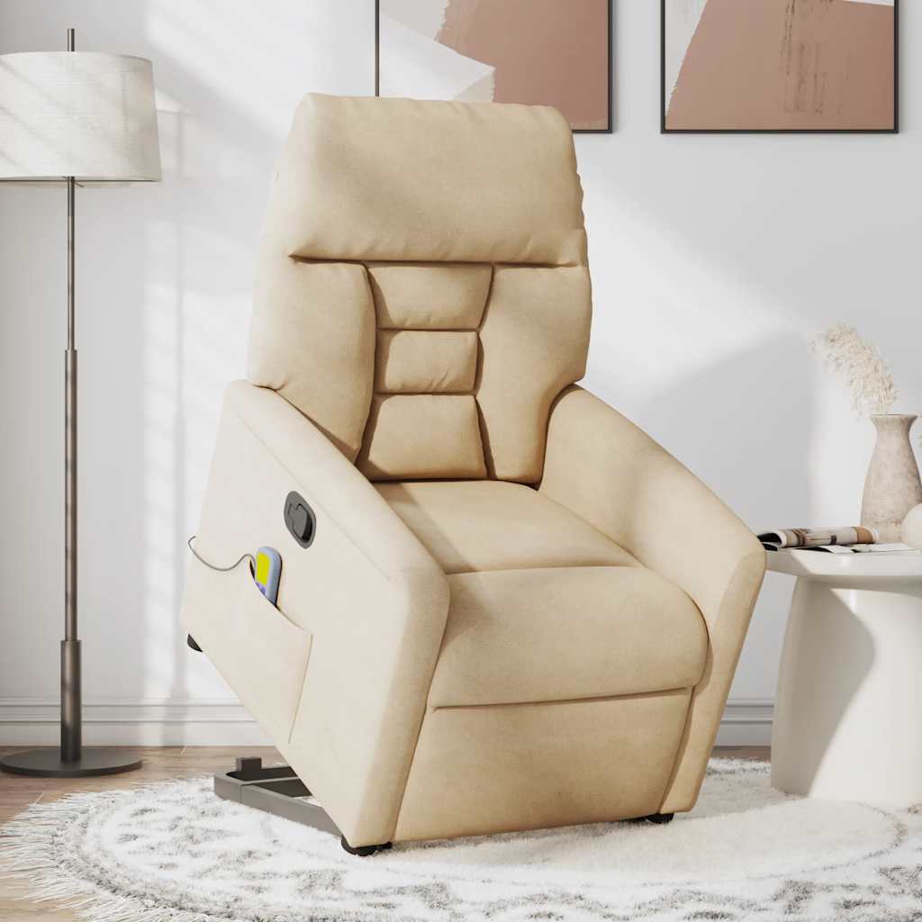 vidaXL Sillón reclinable de masaje elevable tela de microfibra crema