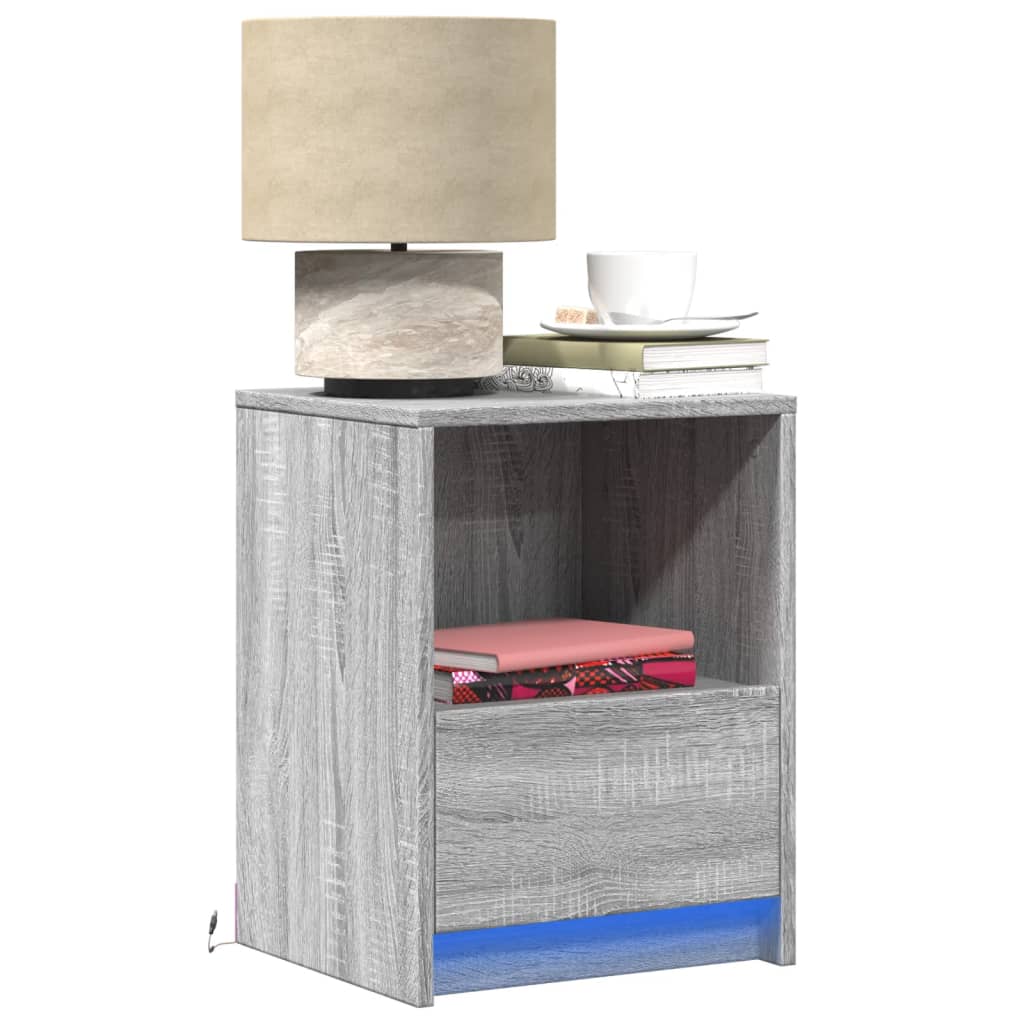 vidaXL Mesitas de noche luces LED 2 uds madera ingeniería gris Sonoma