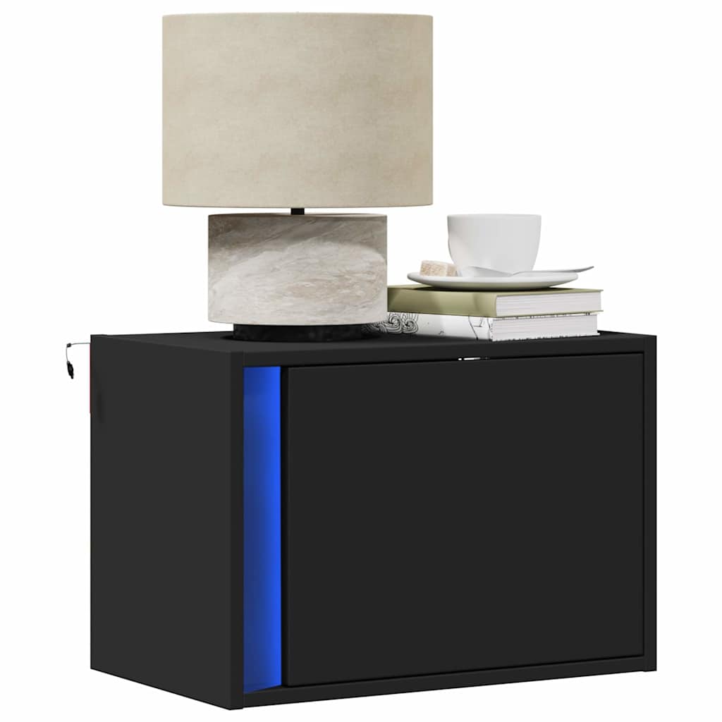 vidaXL Mesita de noche de pared con luces LED negro