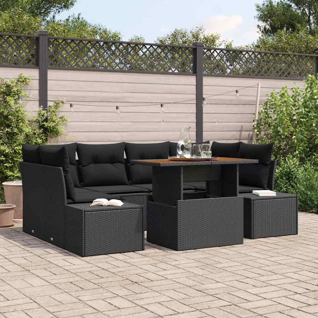 vidaXL Conjunto de sofás de jardín 7 uds. Negro ratán sintético