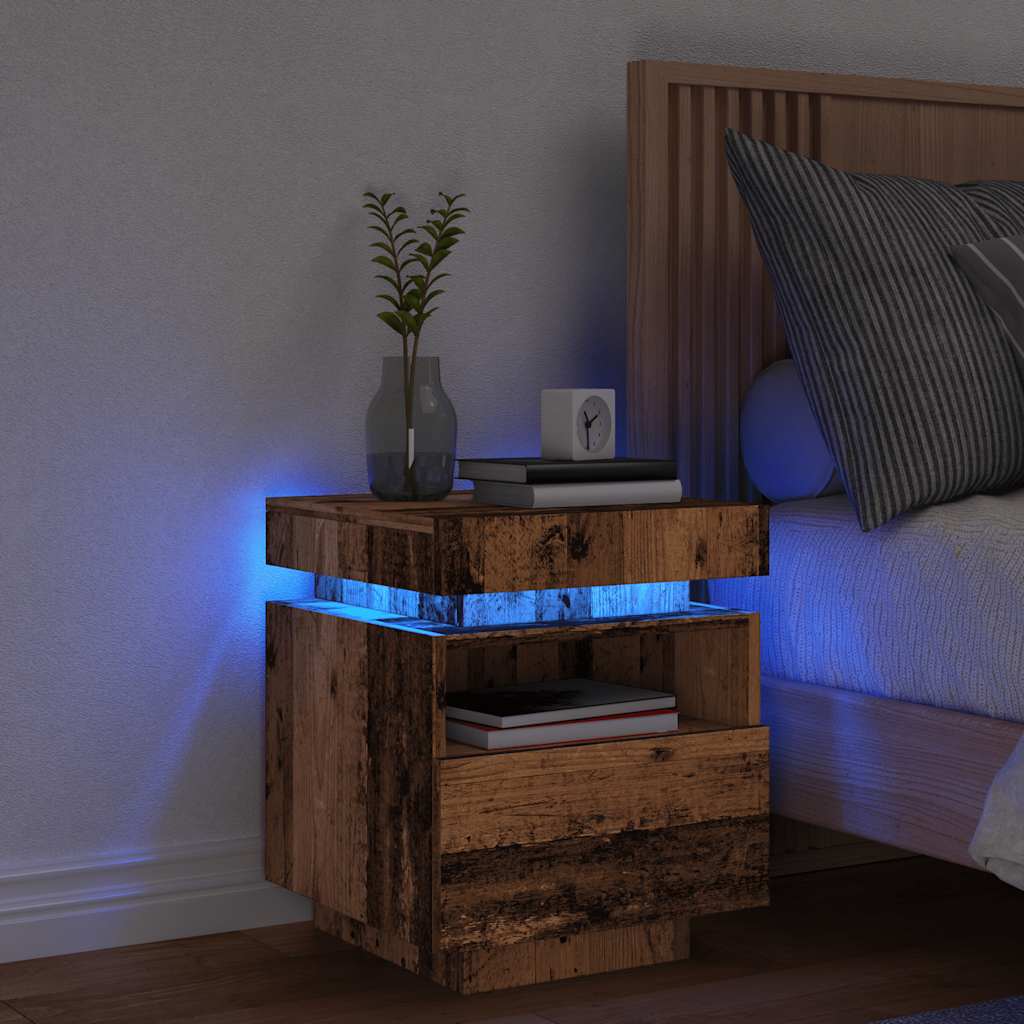 vidaXL Mesita de noche con luces LED madera envejecida 40x39x48,5 cm