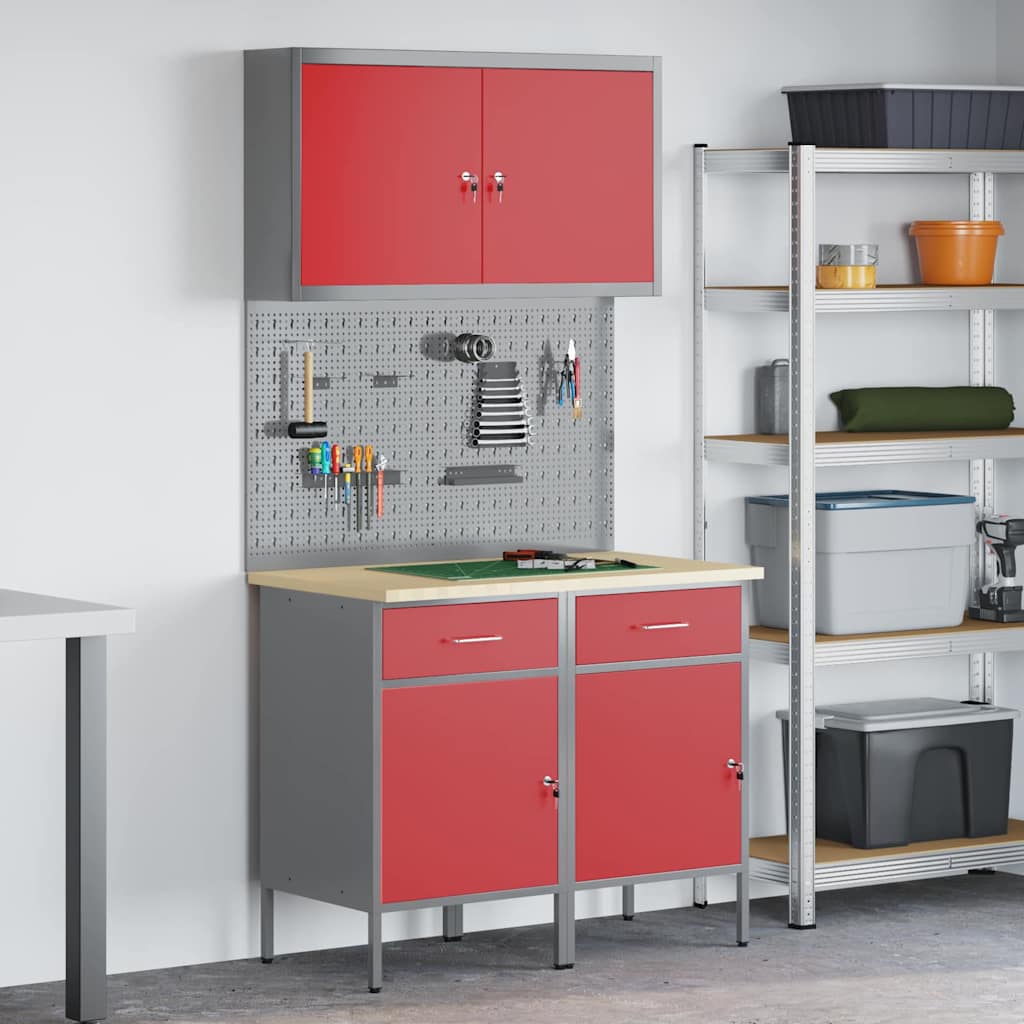 vidaXL Armario de trabajo 5 uds. Rojo Madera Ingenierizada y Acero