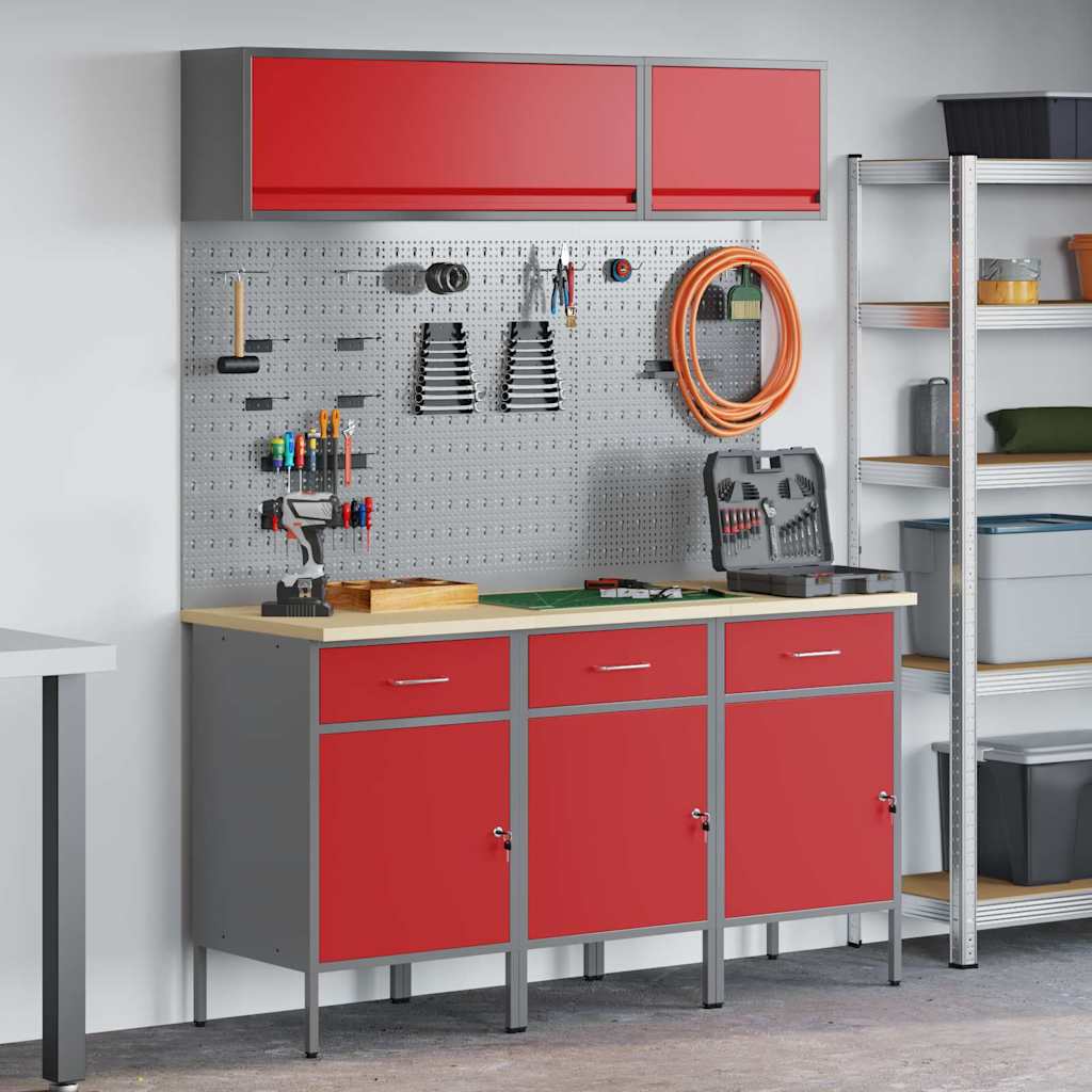 vidaXL Conjunto de armarios de trabajo con cajón 8 uds. Rojo