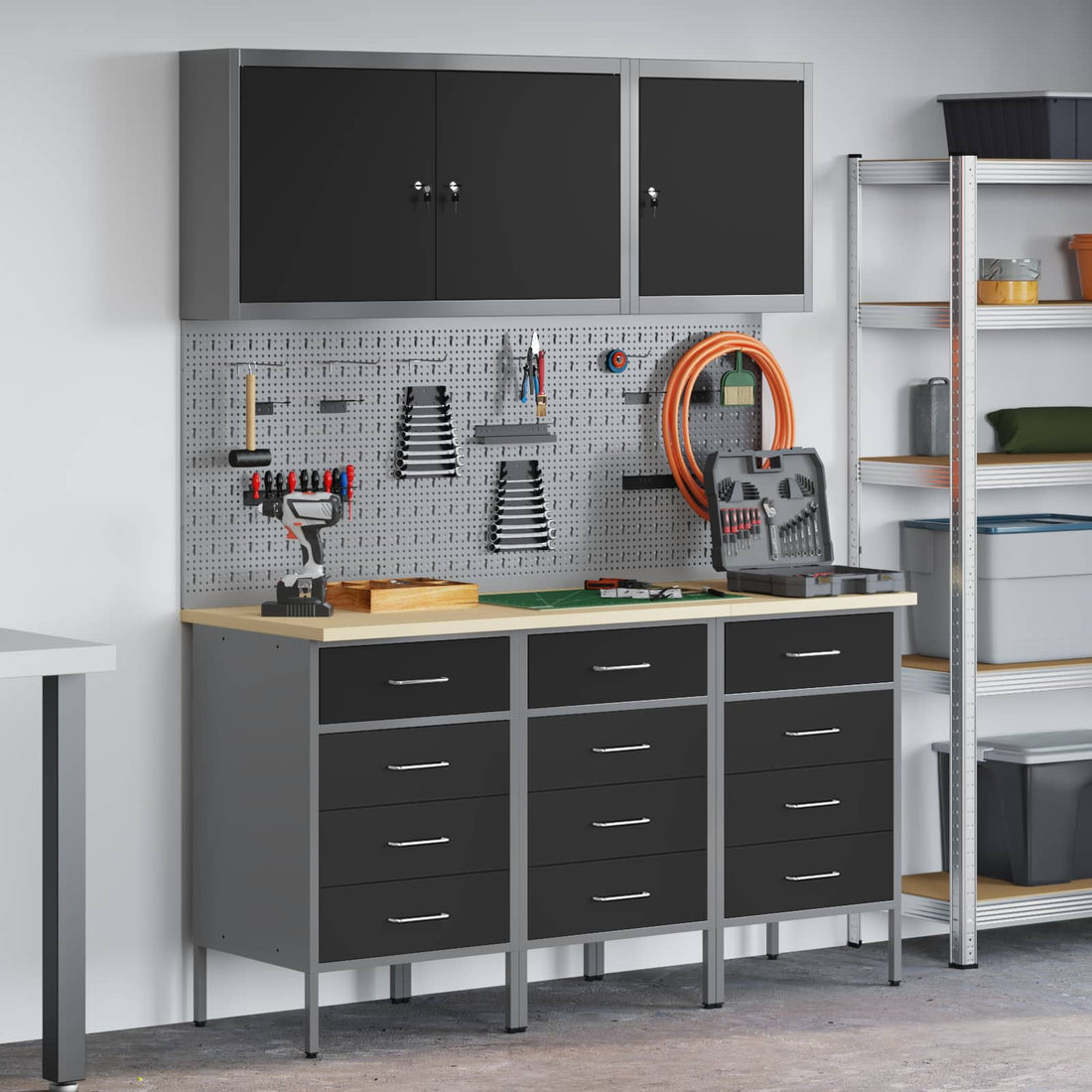 vidaXL Armario de trabajo 8 uds. Negro Madera Ingenierizada y Acero