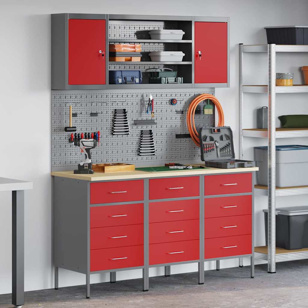 vidaXL Armario de trabajo 7 uds. Rojo Madera Ingenierizada y Acero