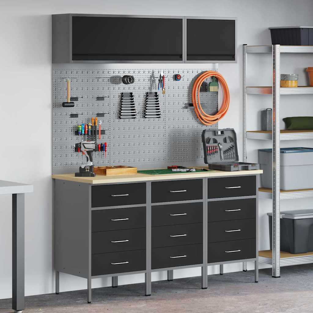 vidaXL Conjunto de armarios de trabajo con cajón 8 uds. Negro