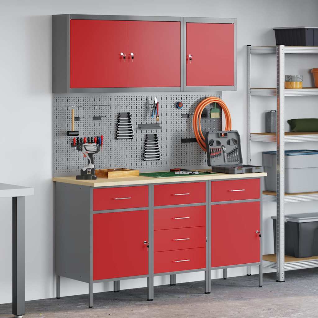 vidaXL Armario de trabajo con cajón con estante 8 uds. Rojo y Gris