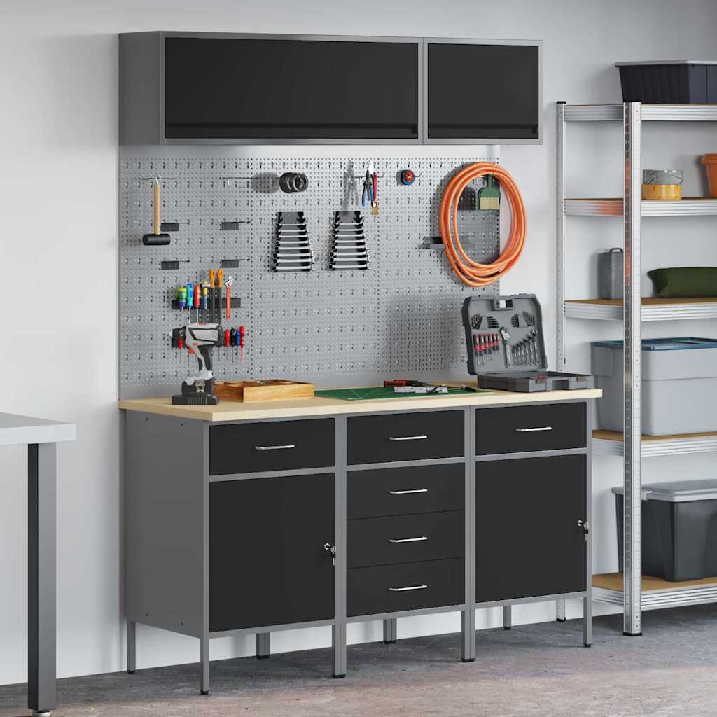 vidaXL Conjunto de armarios de trabajo con cajón 8 uds. Negro