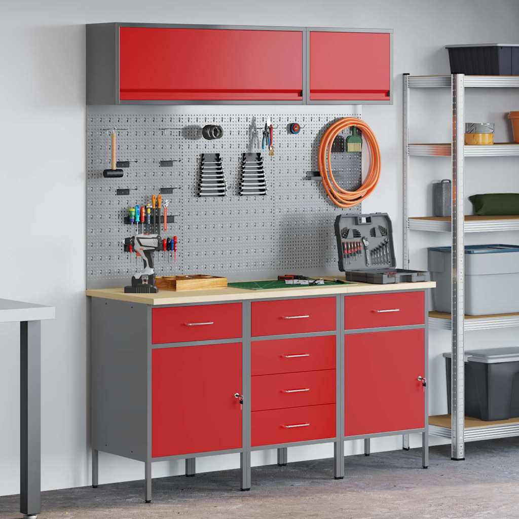 vidaXL Conjunto de armarios de trabajo con cajón 8 uds. Rojo