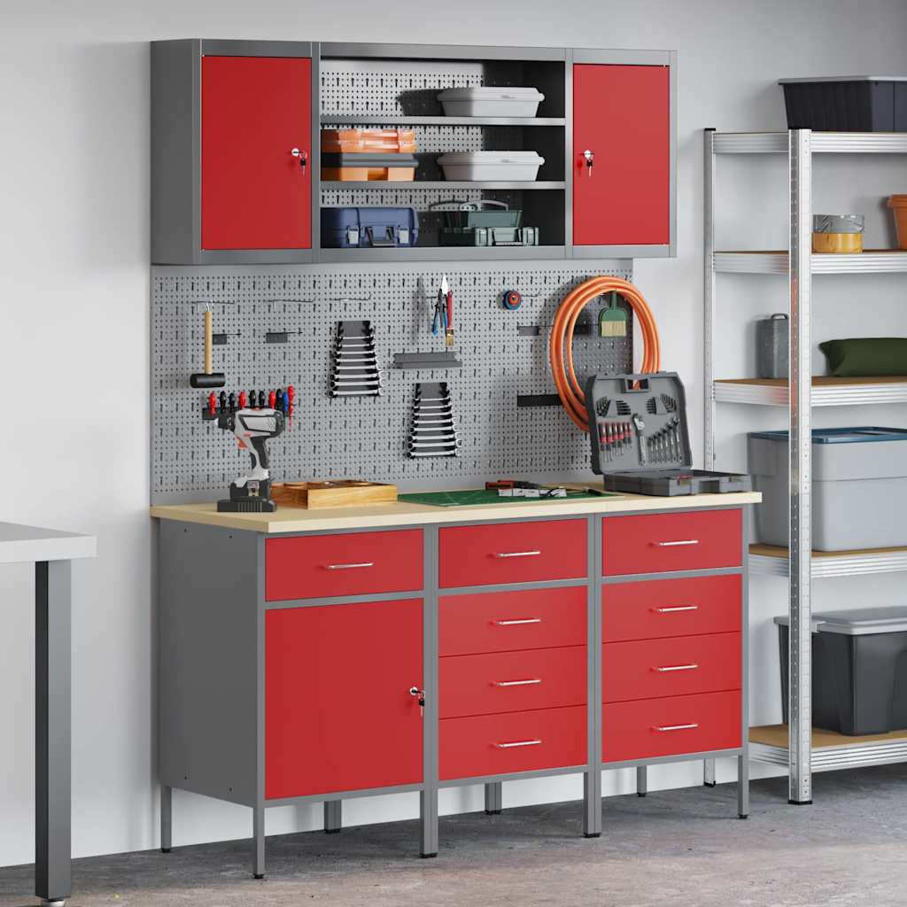 vidaXL Armario de trabajo con cajón con estante 7 uds. Rojo y Gris