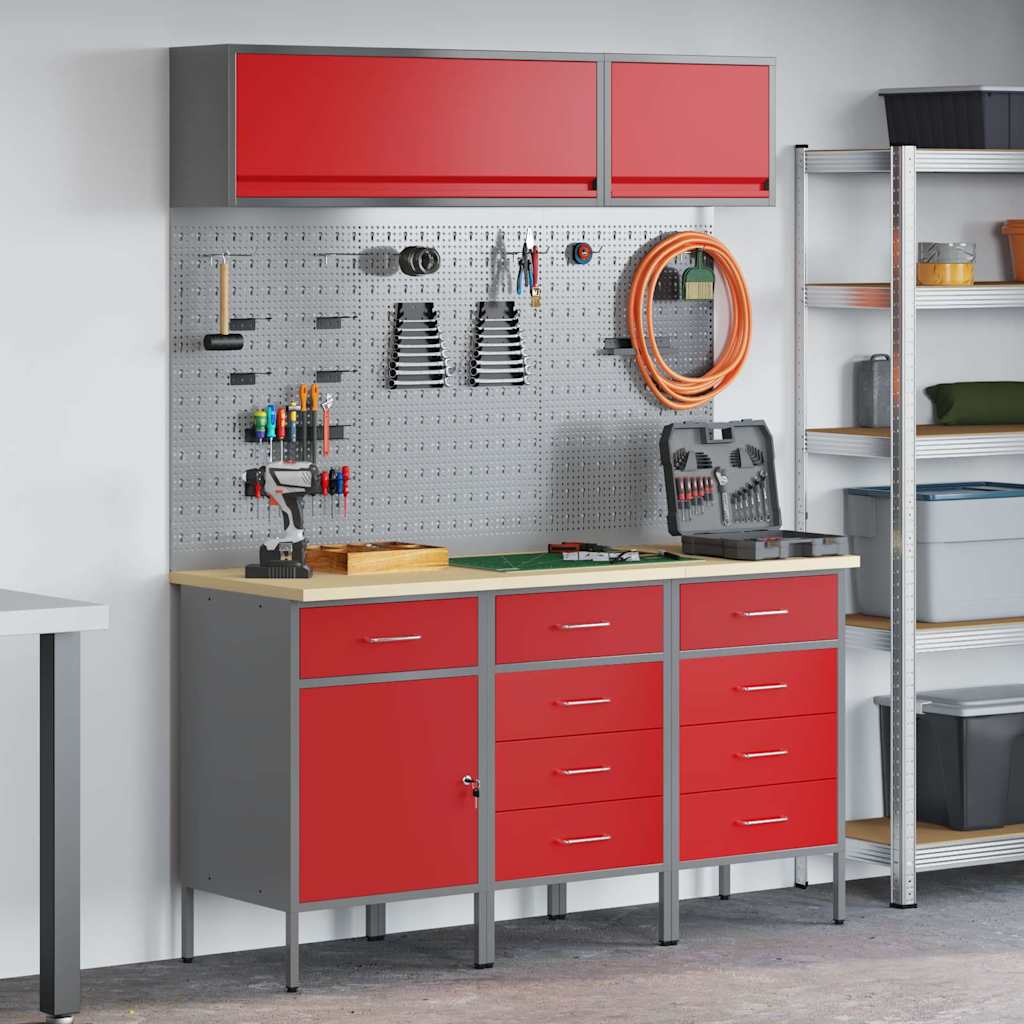 vidaXL Conjunto de armarios de trabajo con cajón 8 uds. Rojo