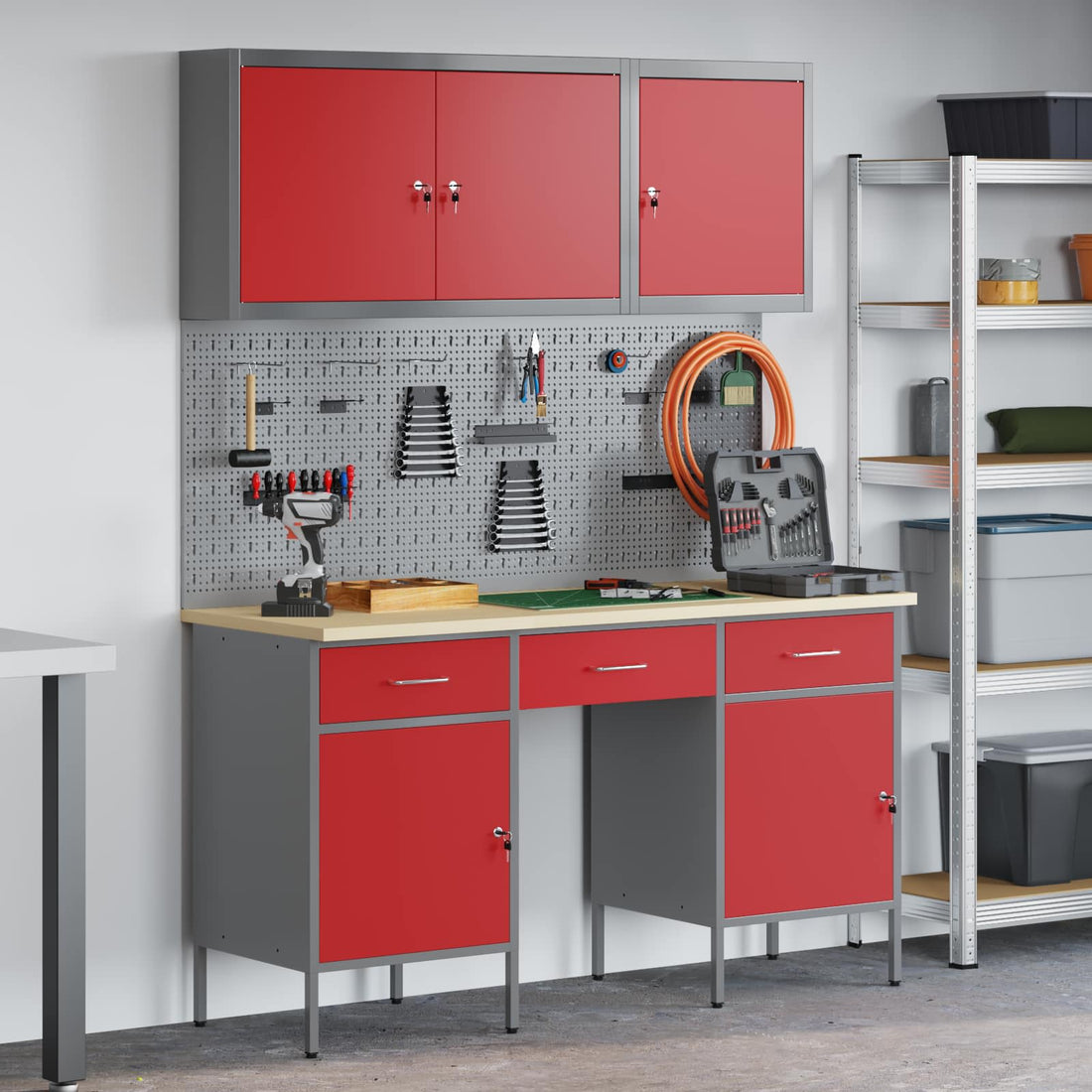 vidaXL Armario de trabajo con cajón 8 uds. Rojo y Gris