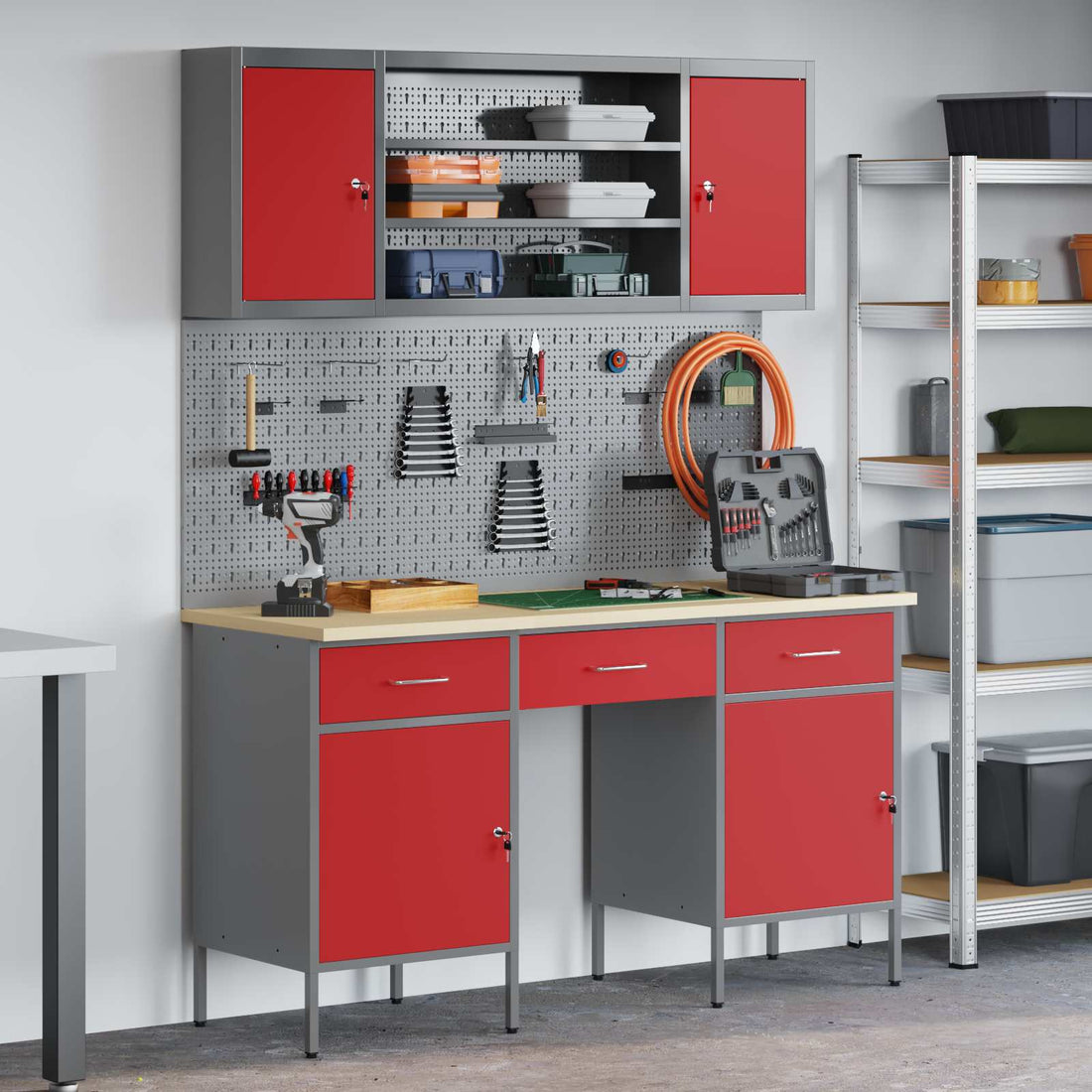 vidaXL Armario de trabajo con cajón 7 uds. Rojo y Gris