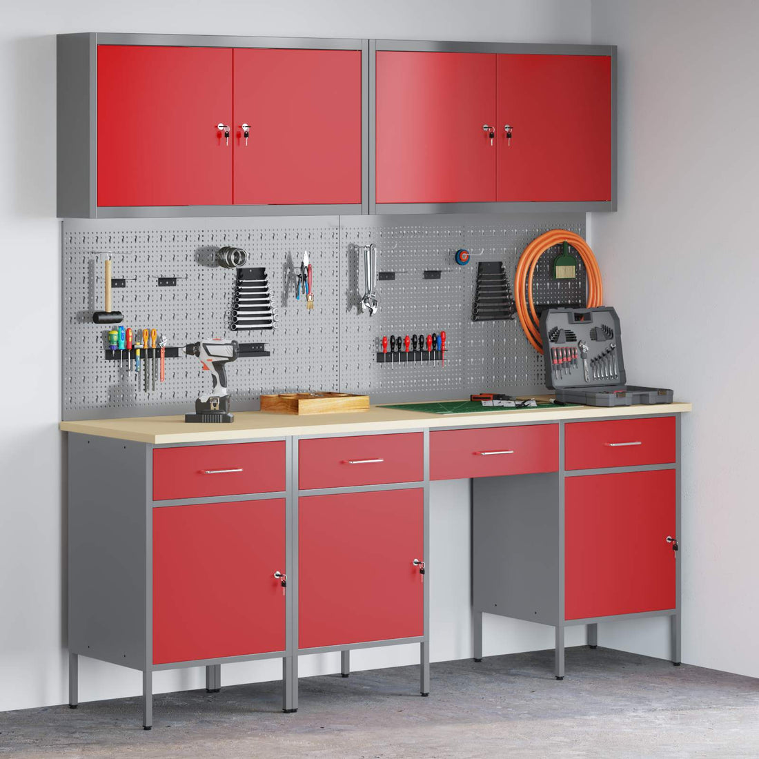 vidaXL Armario de trabajo 10 uds. Rojo Madera Ingenierizada y Acero