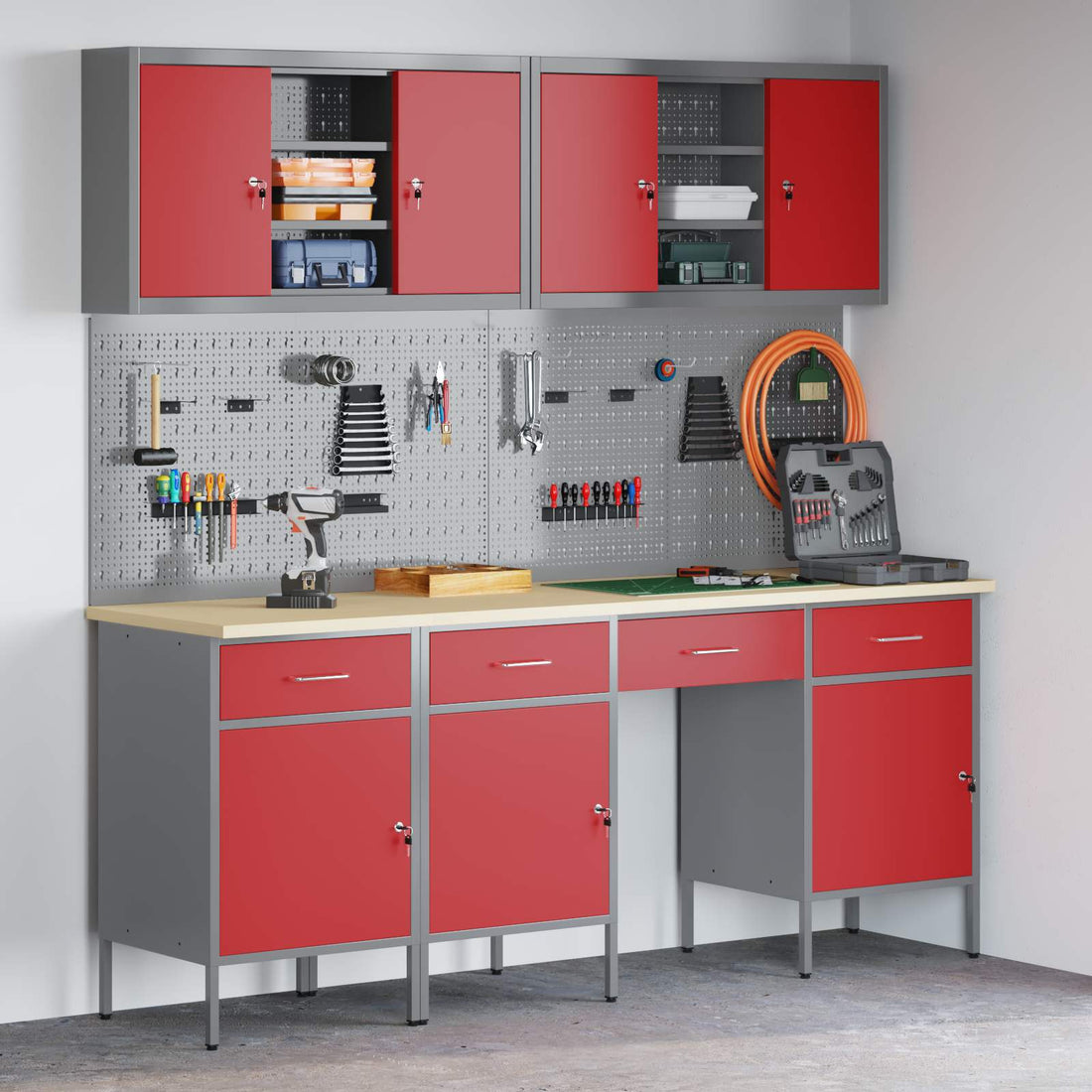 vidaXL Armario de trabajo 10 uds. Rojo Madera Ingenierizada y Acero