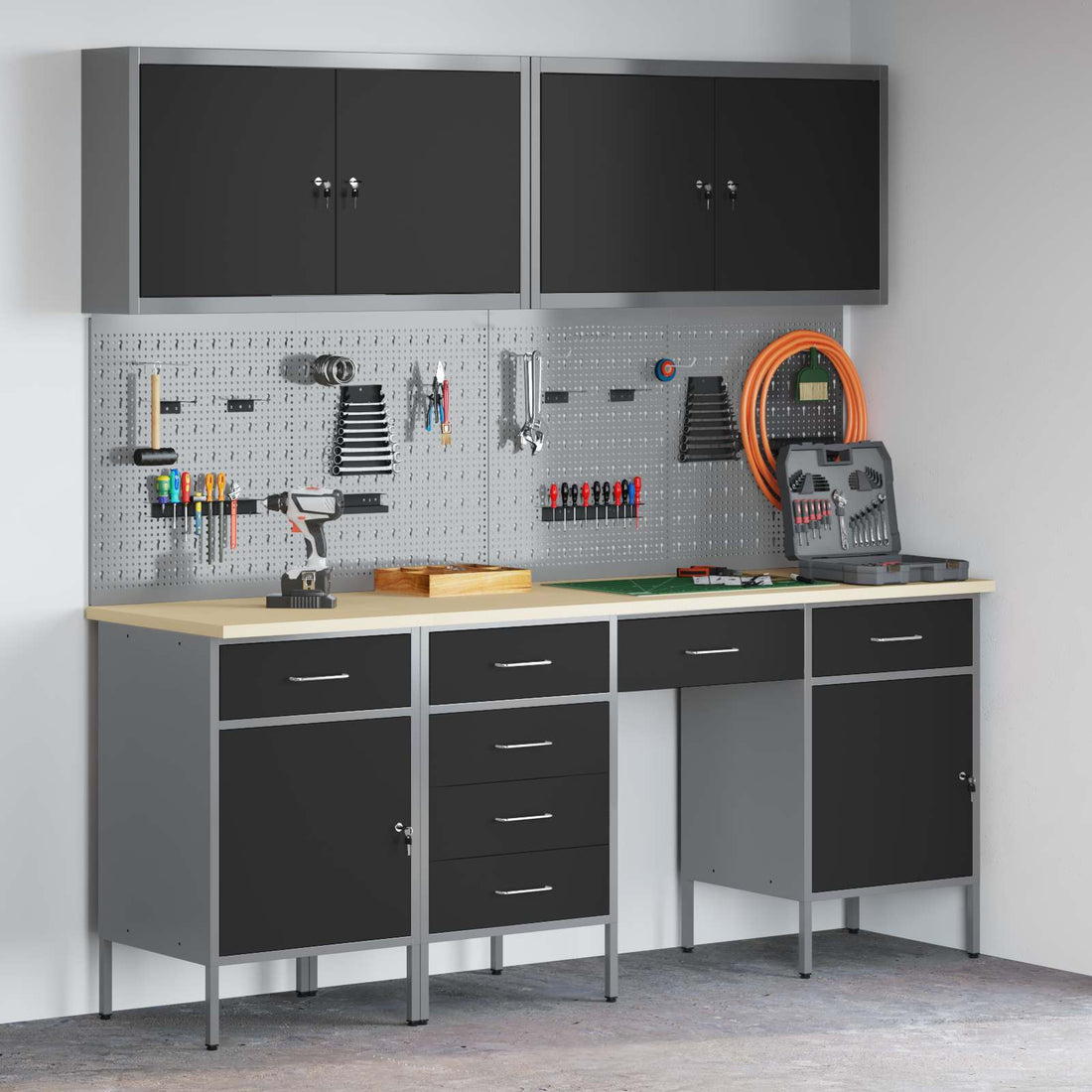 vidaXL Armario de trabajo 10 uds. Negro Madera Ingenierizada y Acero