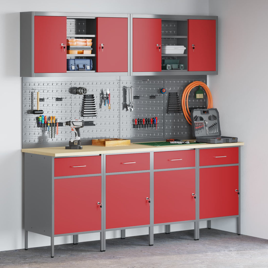 vidaXL Armario de trabajo 10 uds. Rojo Madera Ingenierizada y Acero
