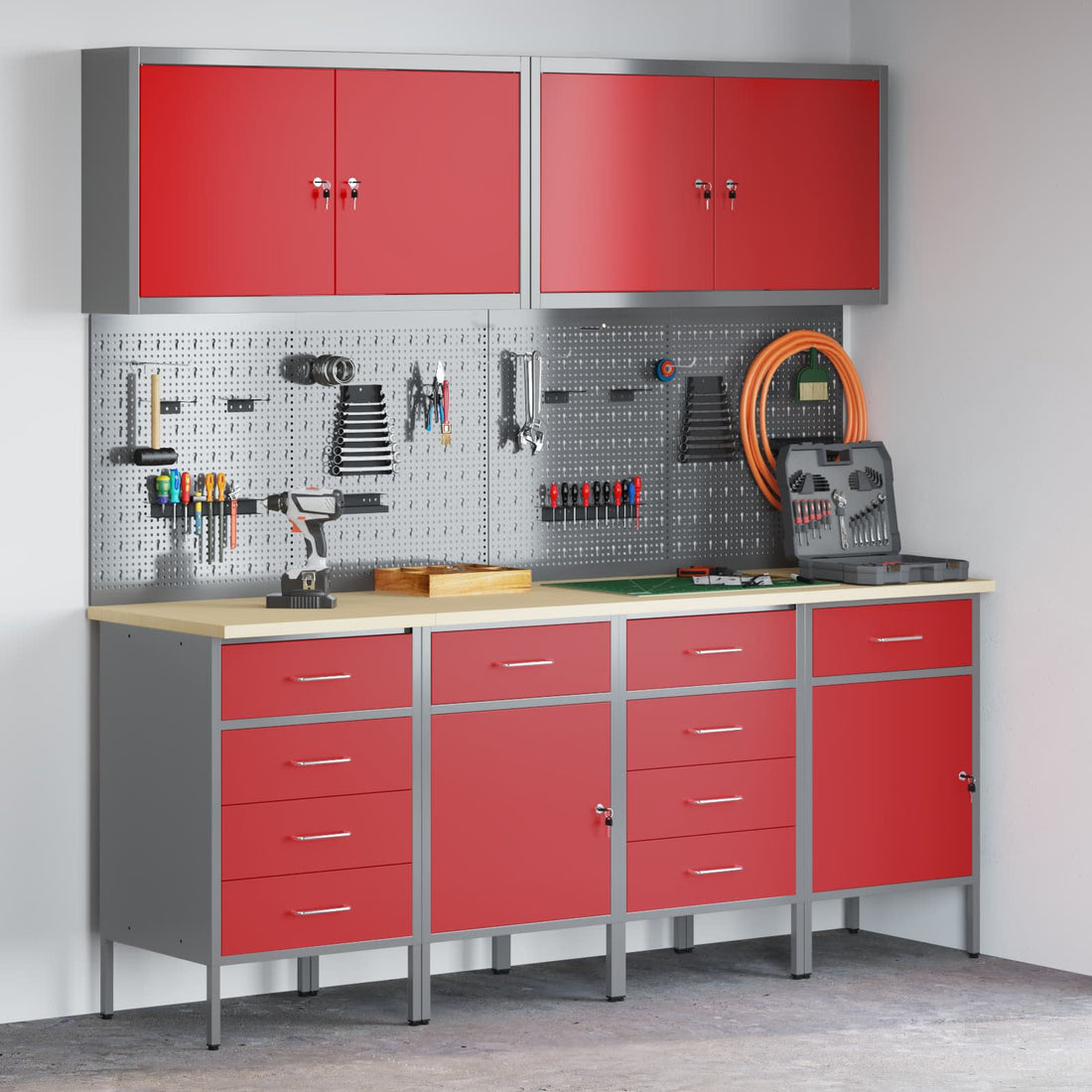 vidaXL Armario de trabajo 10 uds. Rojo Madera Ingenierizada y Acero
