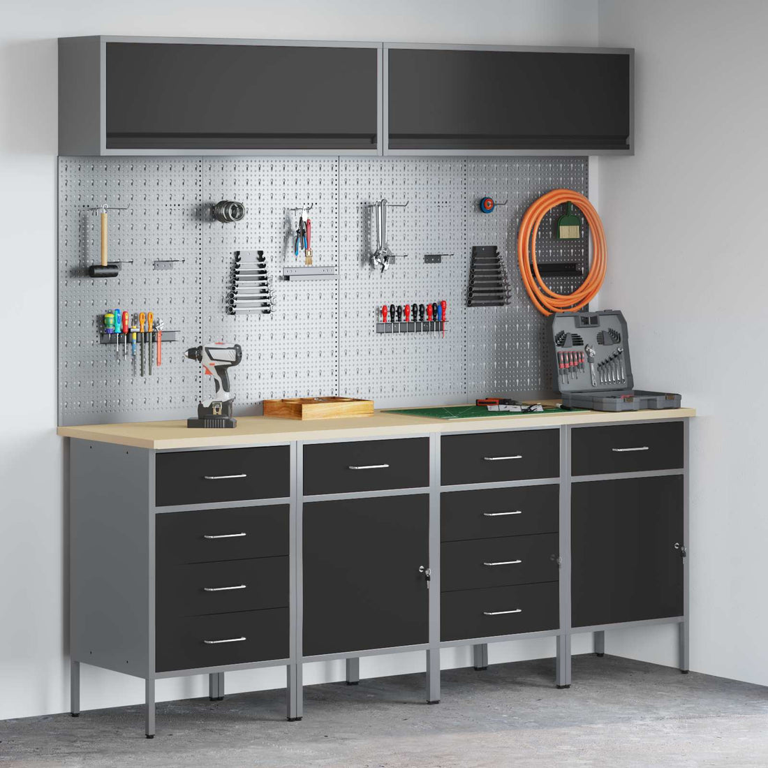 vidaXL Conjunto de armarios de trabajo con cajón 10 uds. Negro