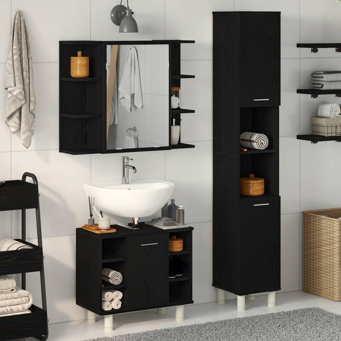 vidaXL Juego de muebles de baño 3 uds. Negro 30 x 30 x 179,5 cm