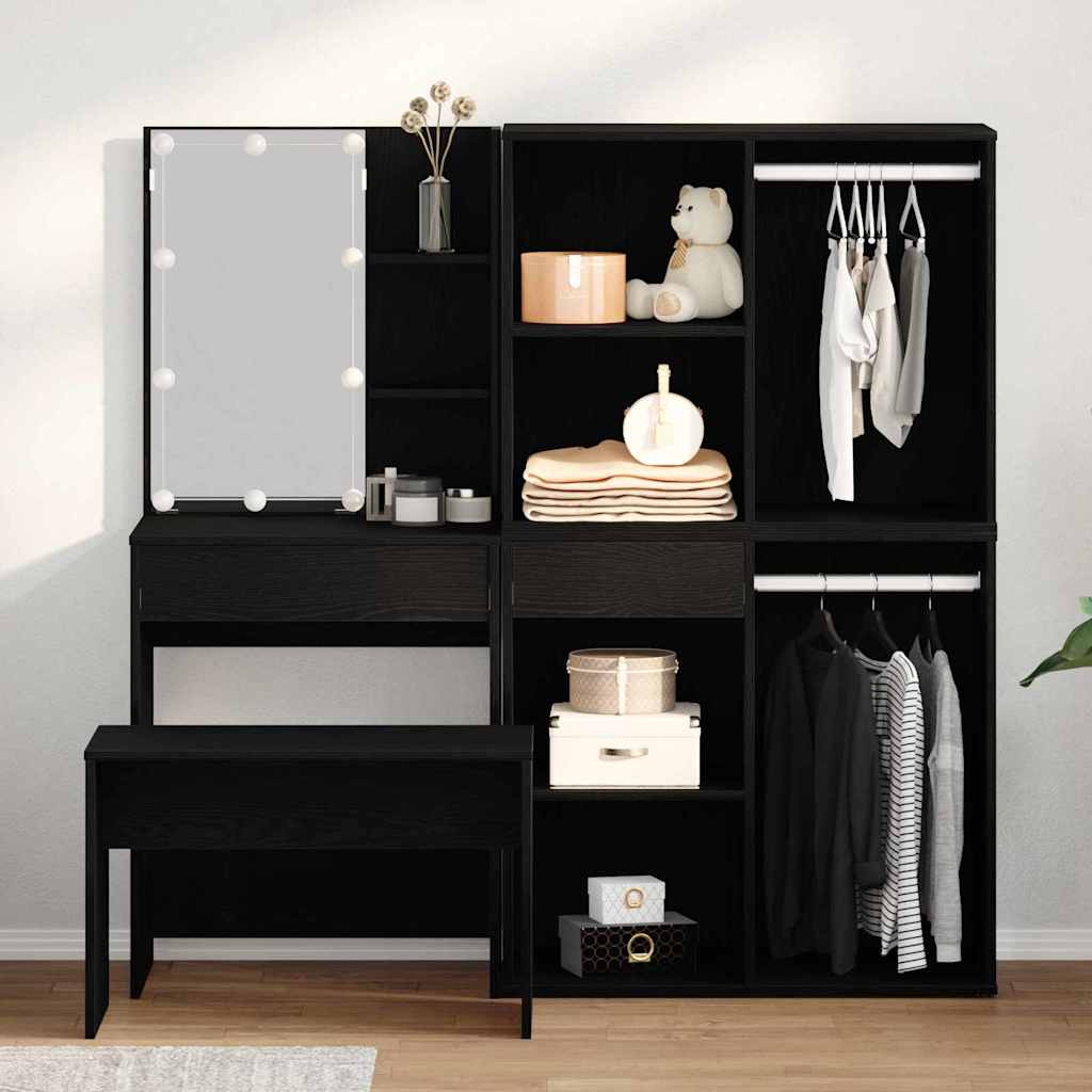 vidaXL Conjunto de mesa de vestidor con LED 4 uds. Roble Negro