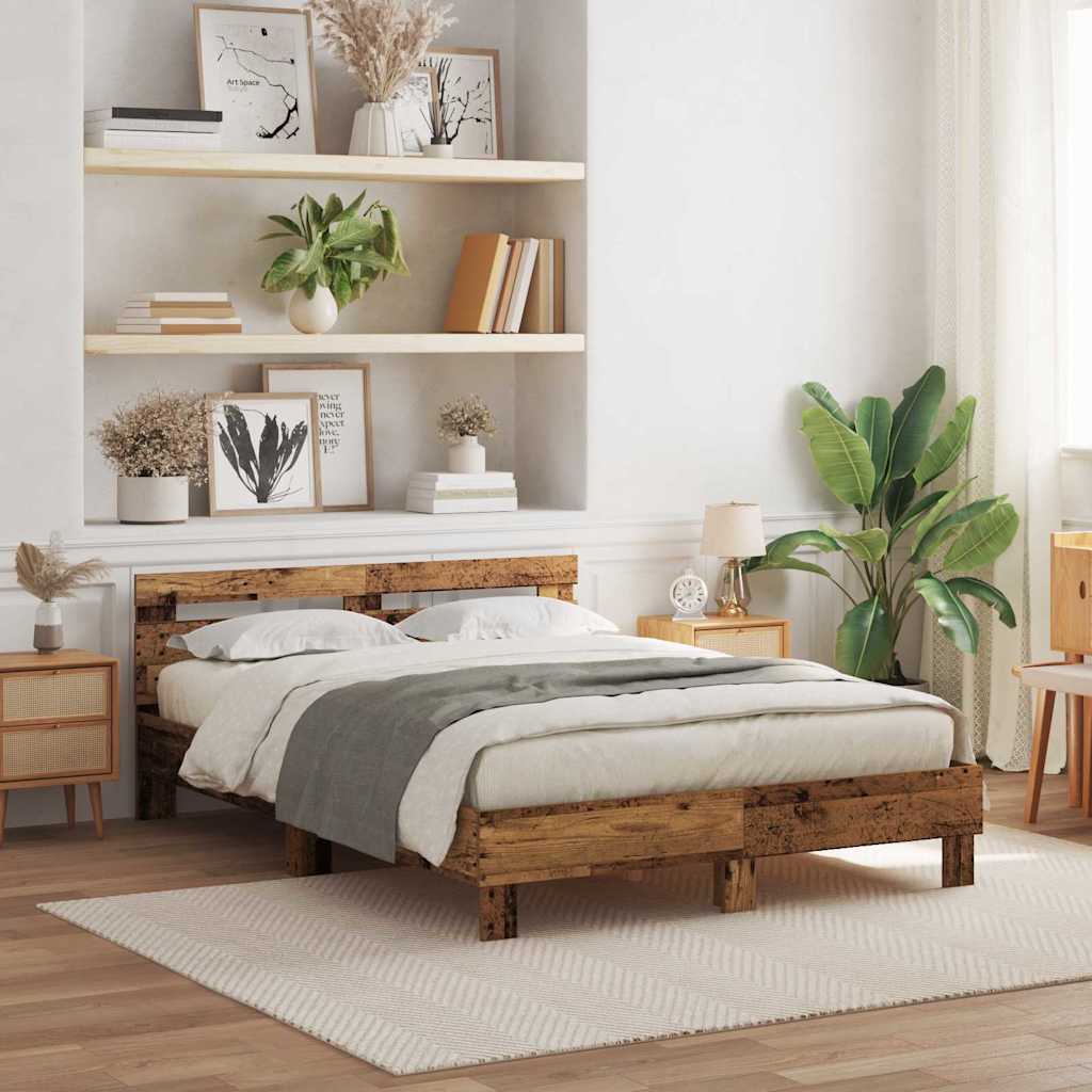 vidaXL Estructura de cama con tiras LED Madera vieja 140 x 200 cm