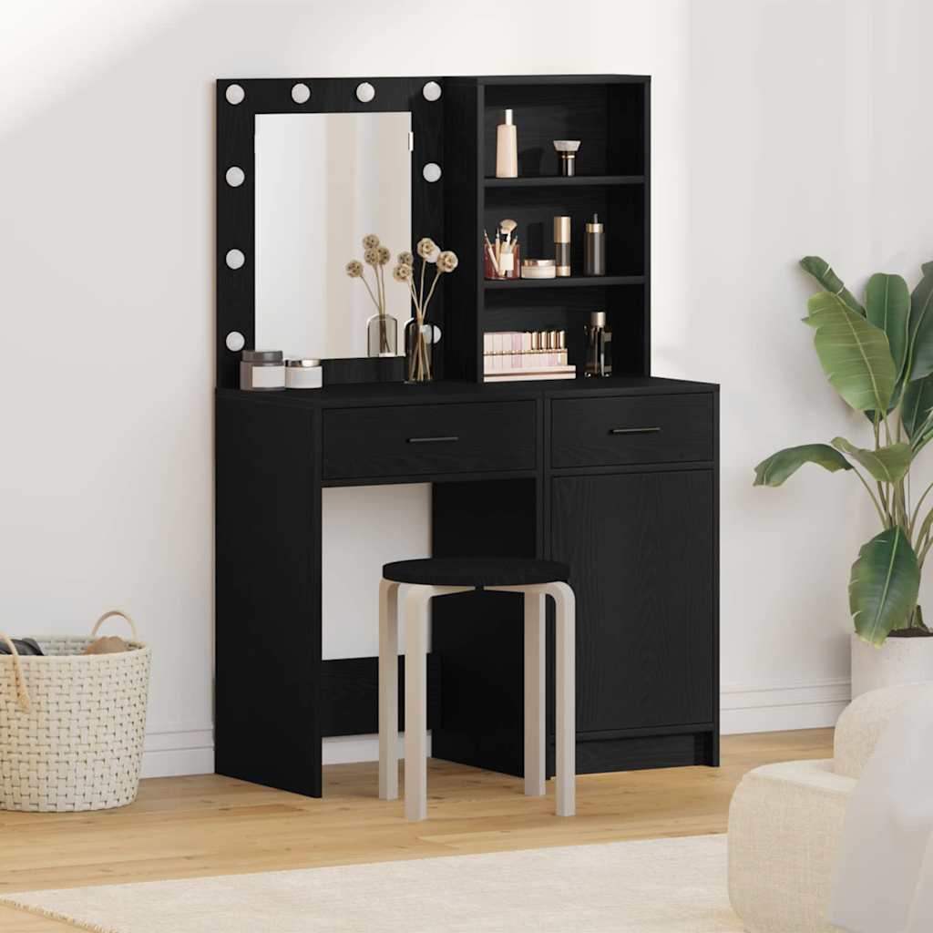vidaXL Conjunto de mesa de vestidor con LED 2 uds. Roble Negro