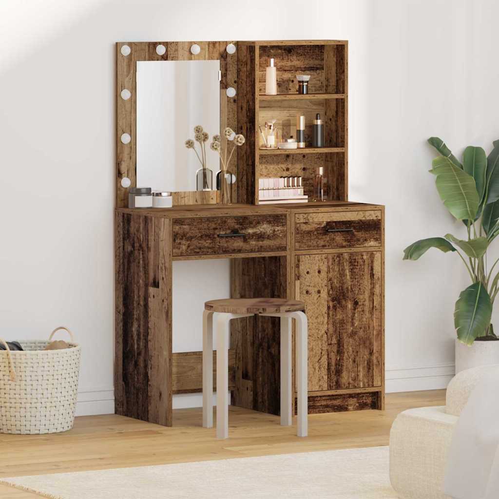 vidaXL Conjunto de mesa de vestidor con LED 2 uds. Madera vieja
