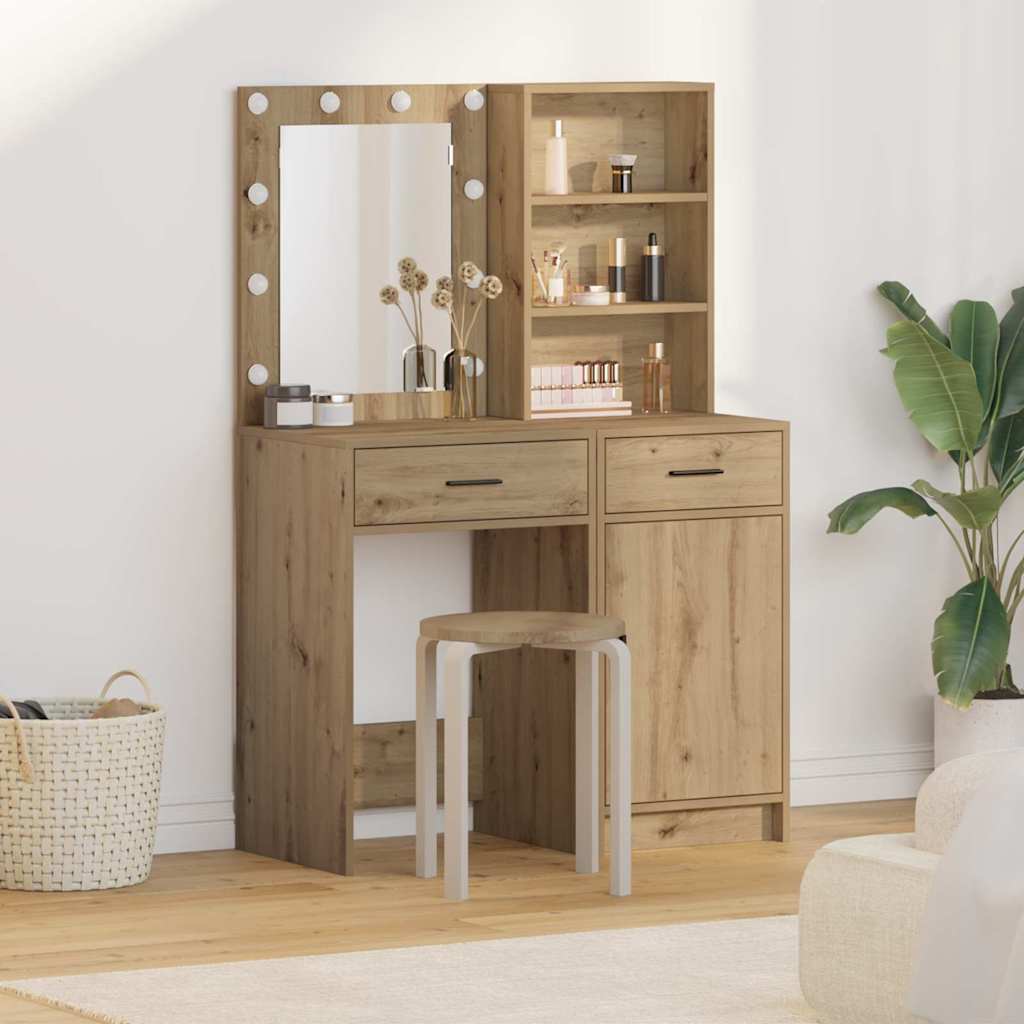 vidaXL Conjunto de mesa de vestidor con LED 2 uds. Roble artisan