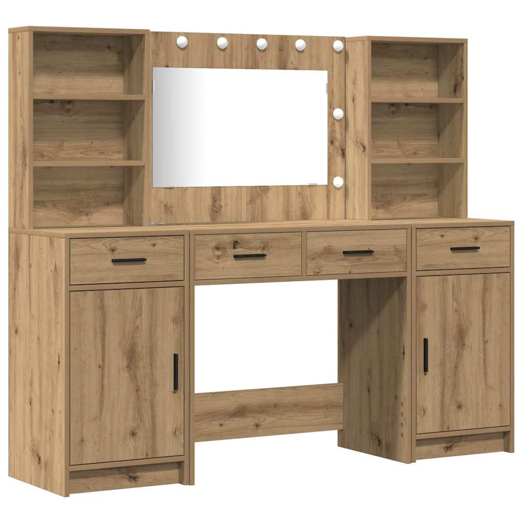 vidaXL Conjunto de mesa de vestidor con LED 3 uds. Roble artisan (2)