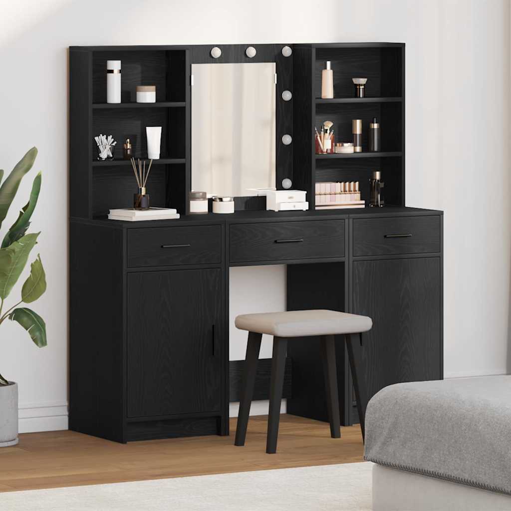 vidaXL Conjunto de mesa de vestidor con LED 3 uds. Roble Negro