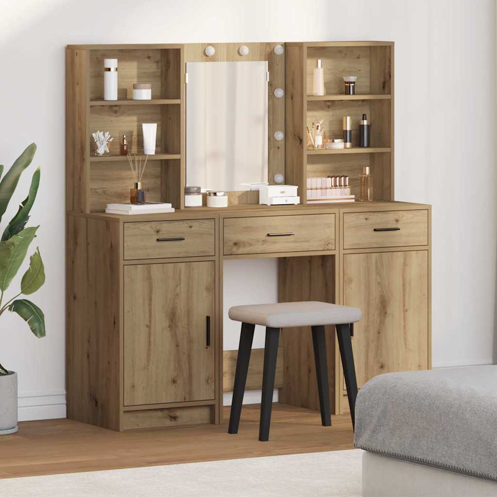 vidaXL Conjunto de mesa de vestidor con LED 3 uds. Roble artisan