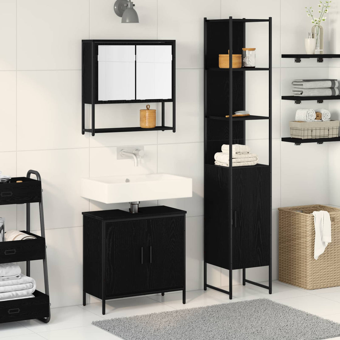 vidaXL Juego de muebles de baño 3 uds. Negro Madera de ingeniería